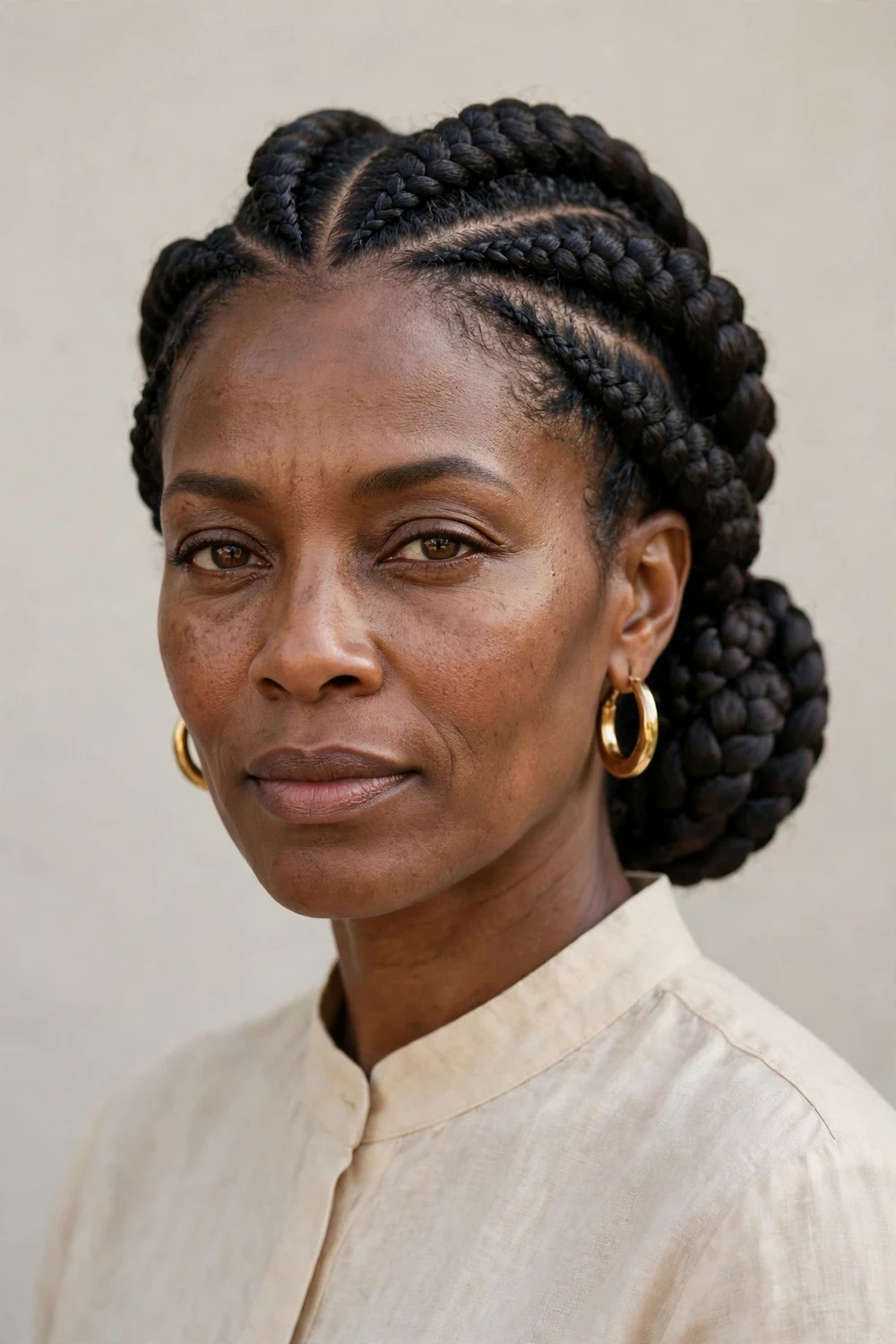 Black woman with thick goddess braids swept up into an elegant updo