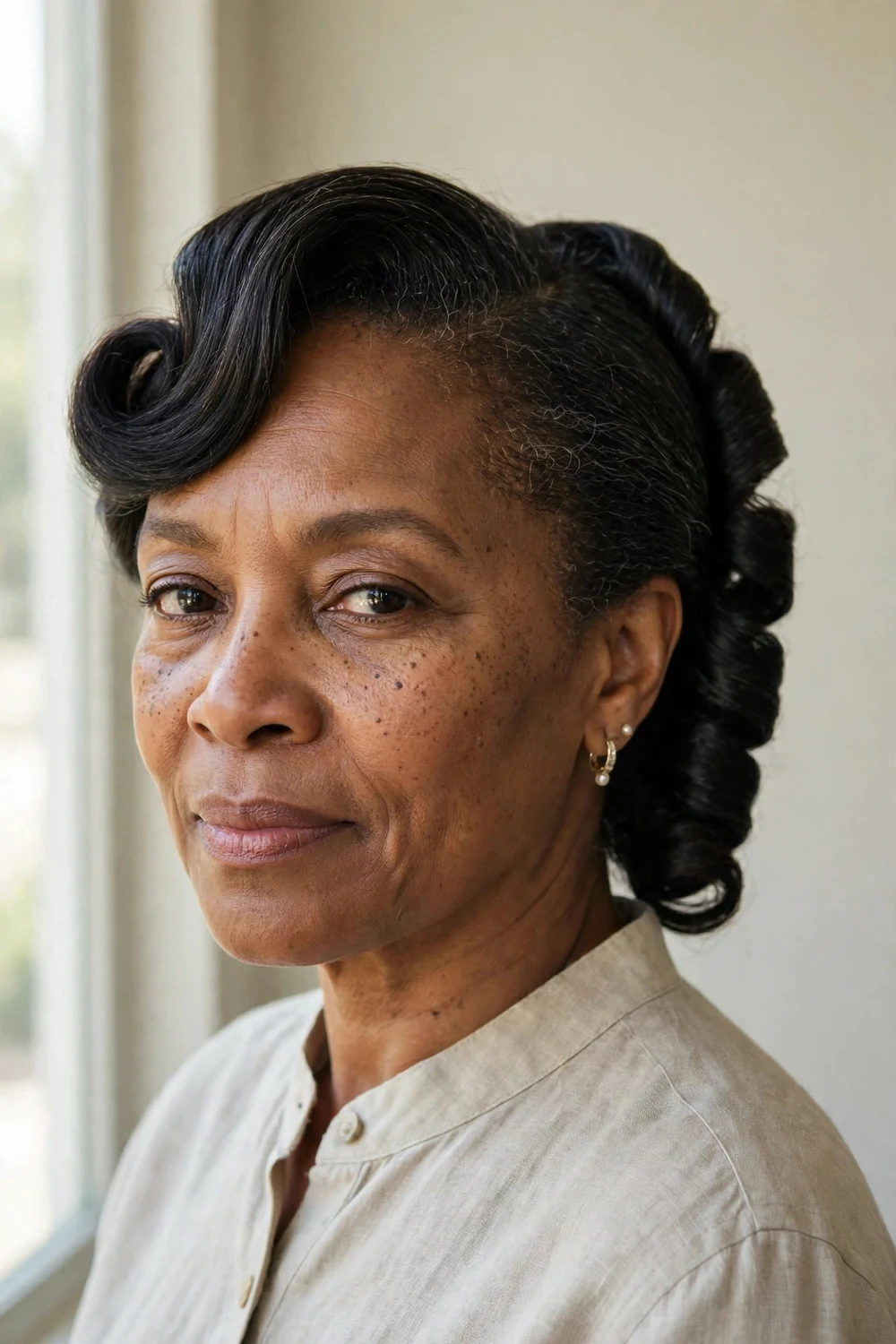Black woman with a low bun and a swooped side bang