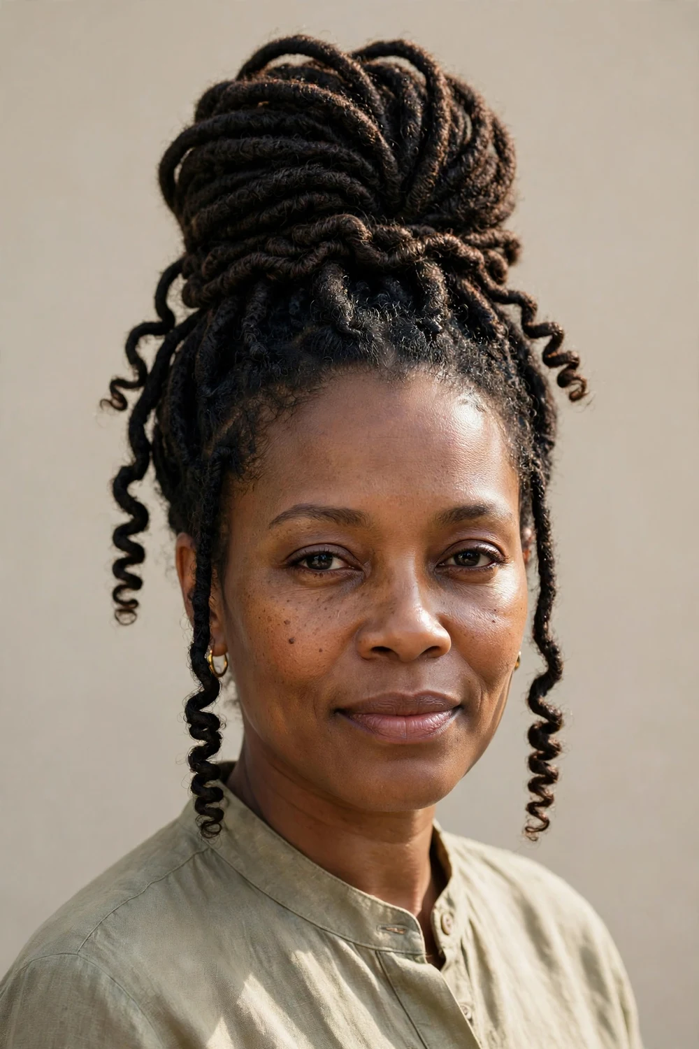 Black woman with a messy curly bun and two face-framing twists