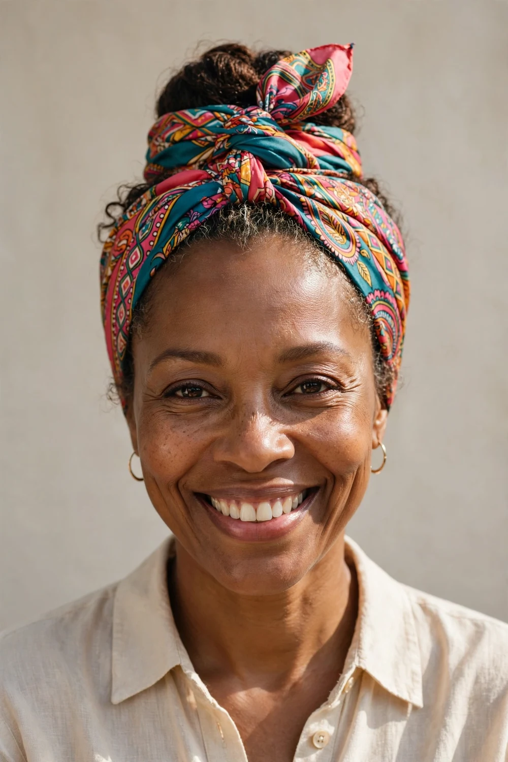 Black woman with an updo wrapped in a colorful silk scarf
