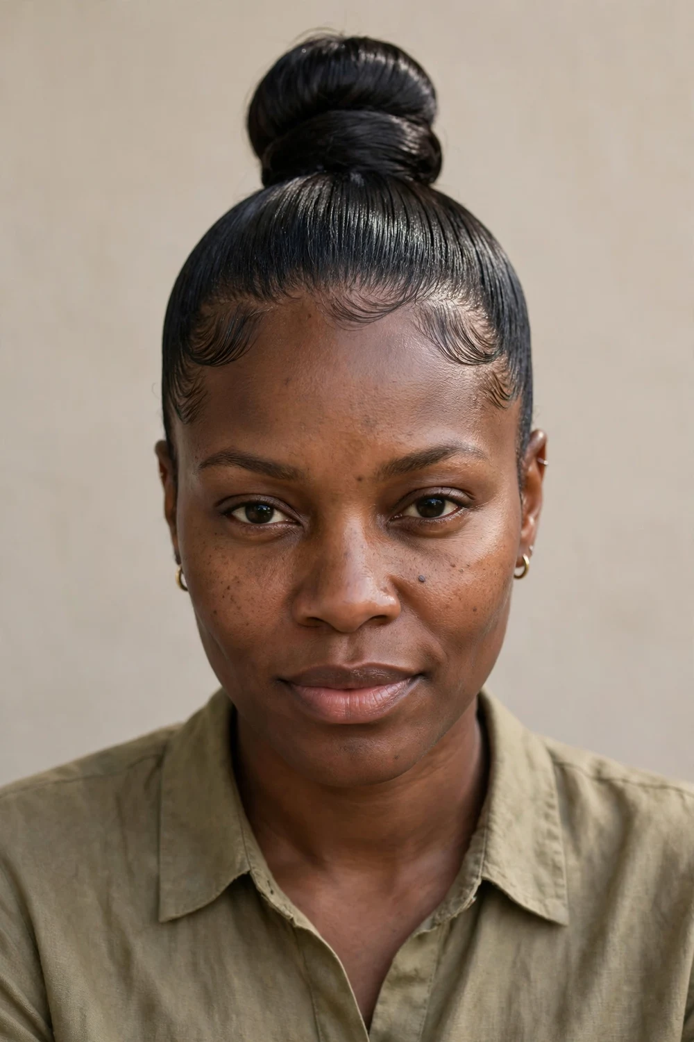 Black woman with a sleek high bun and neatly laid edges