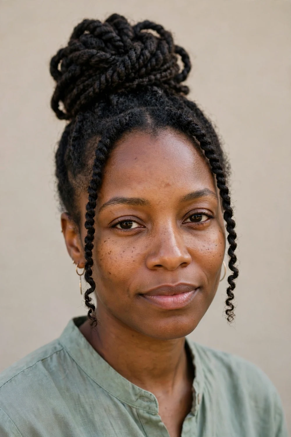 Black woman with two-strand twists coiled into a top knot