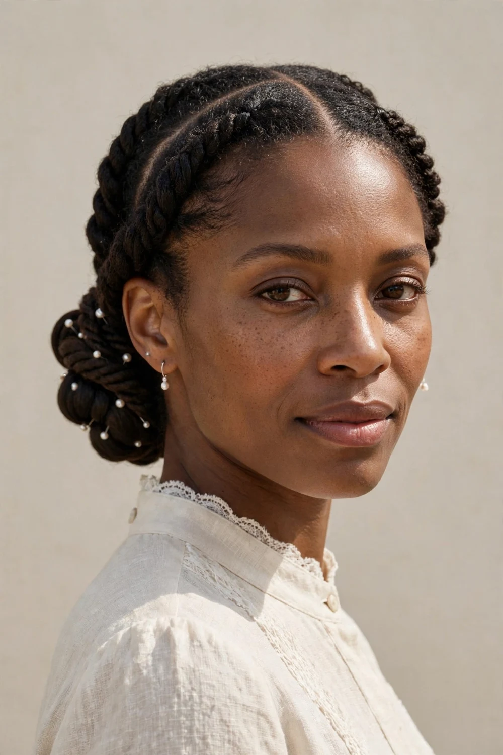 Black woman with a low twisted chignon updo for a wedding