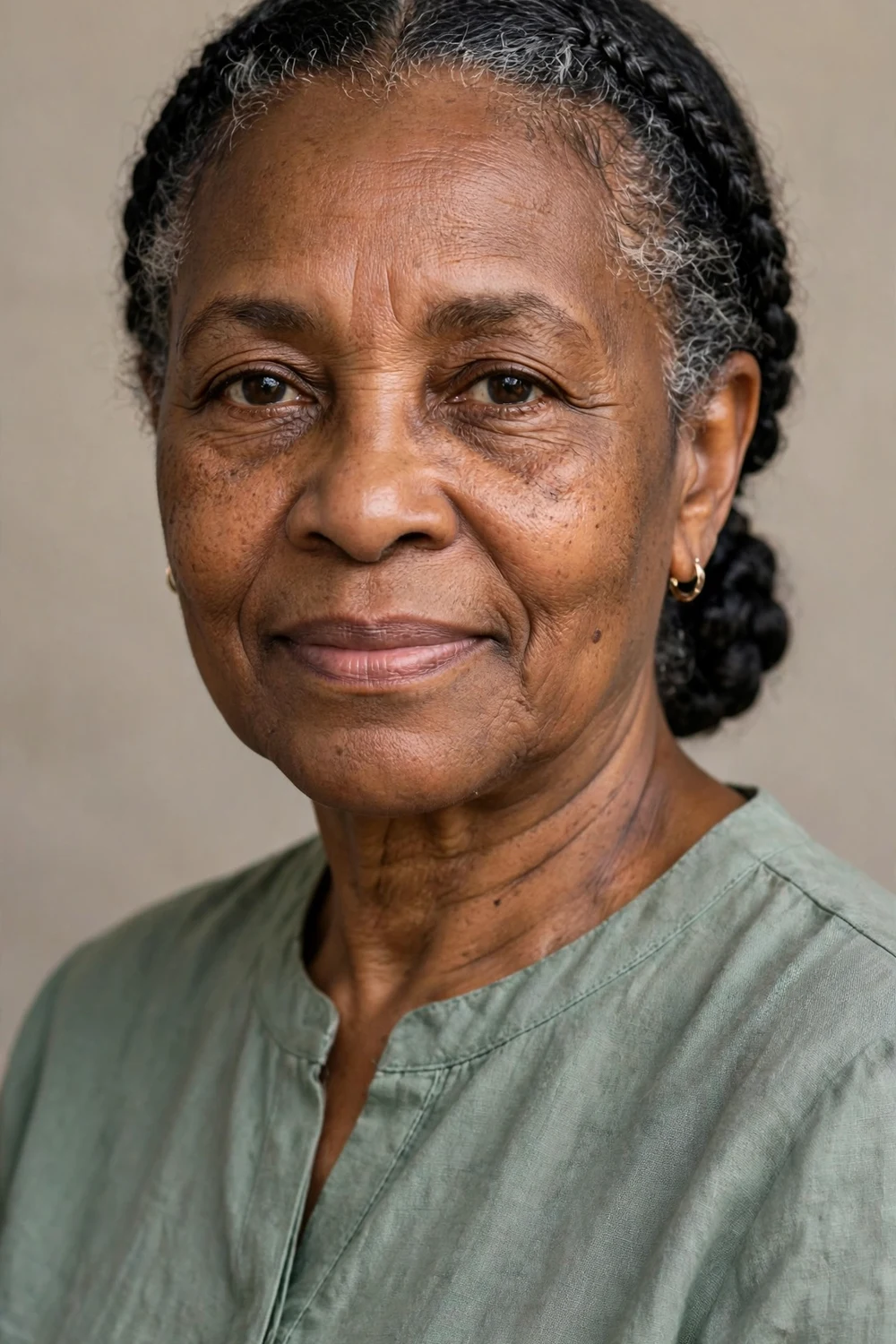Older woman in her 60s with two small temple braids joined into a low braided bun