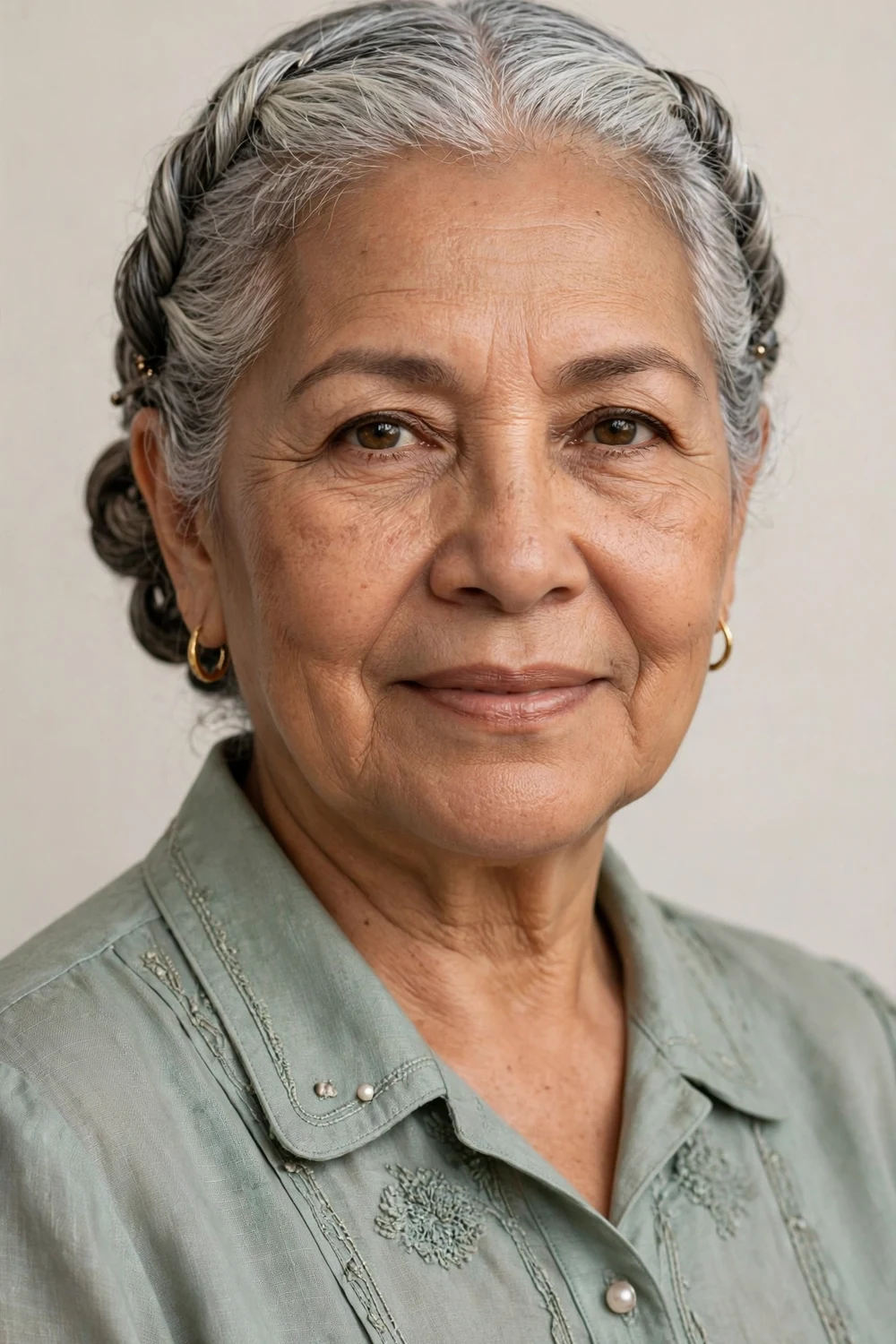 Older woman in her 60s with two twists from the temples meeting in a pinned bun at the back