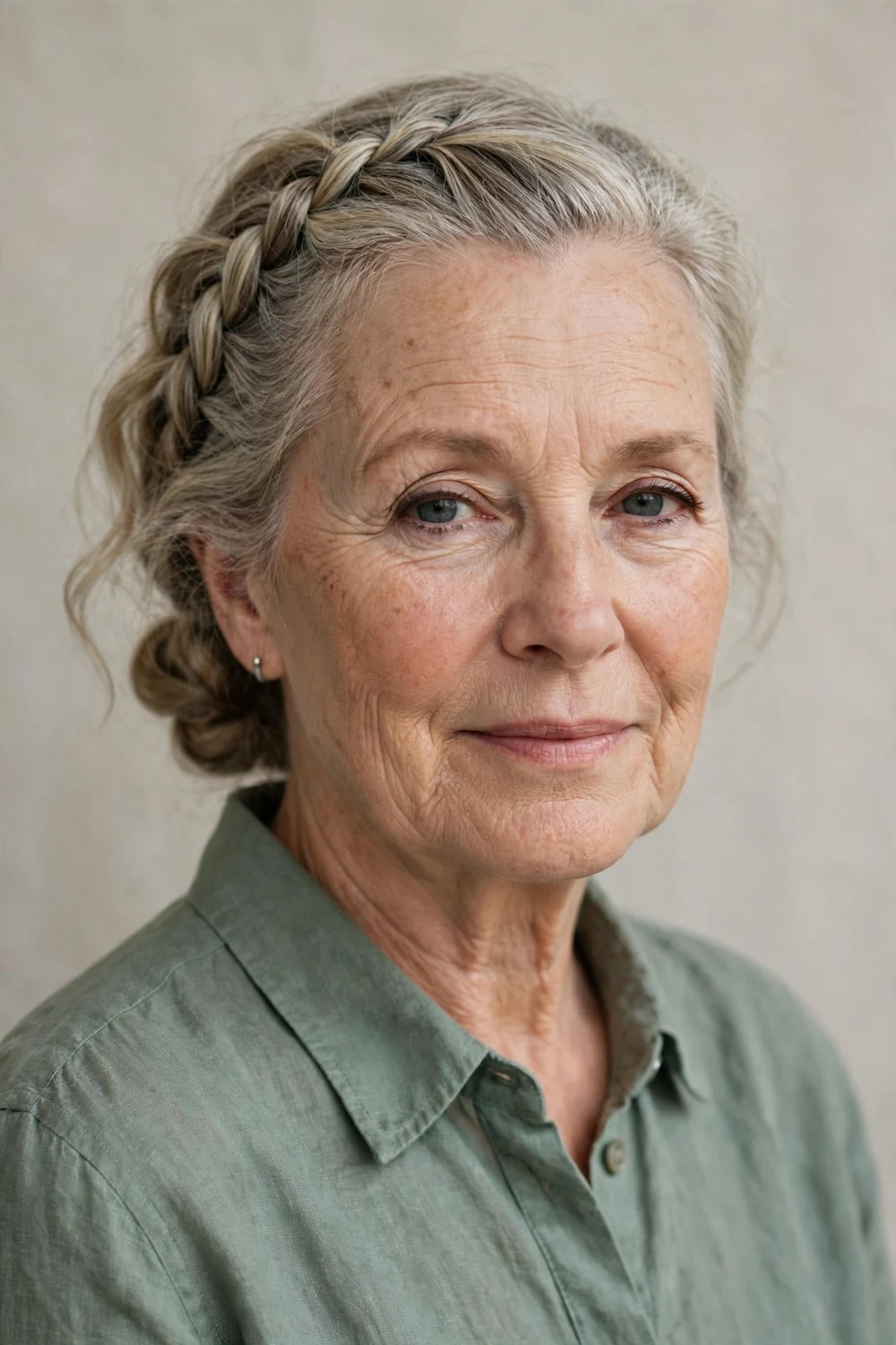 Older woman in her 60s with a Dutch braid along the hairline ending in a low bun