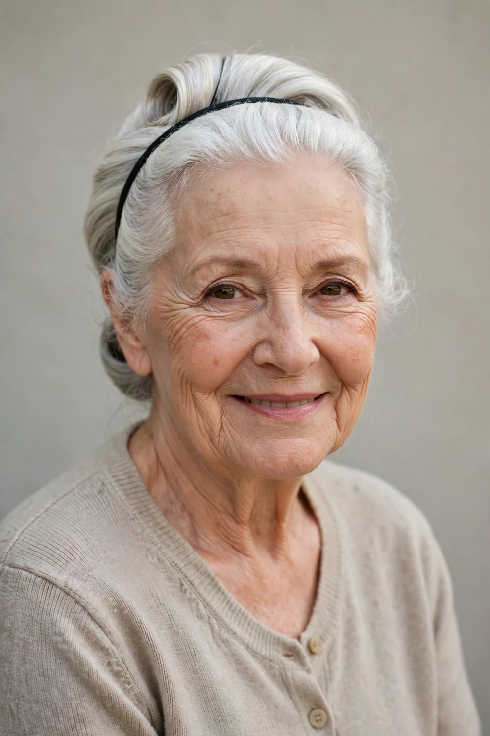 Older woman in her 70s with hair tucked around a thin elastic headband in a Gibson tuck