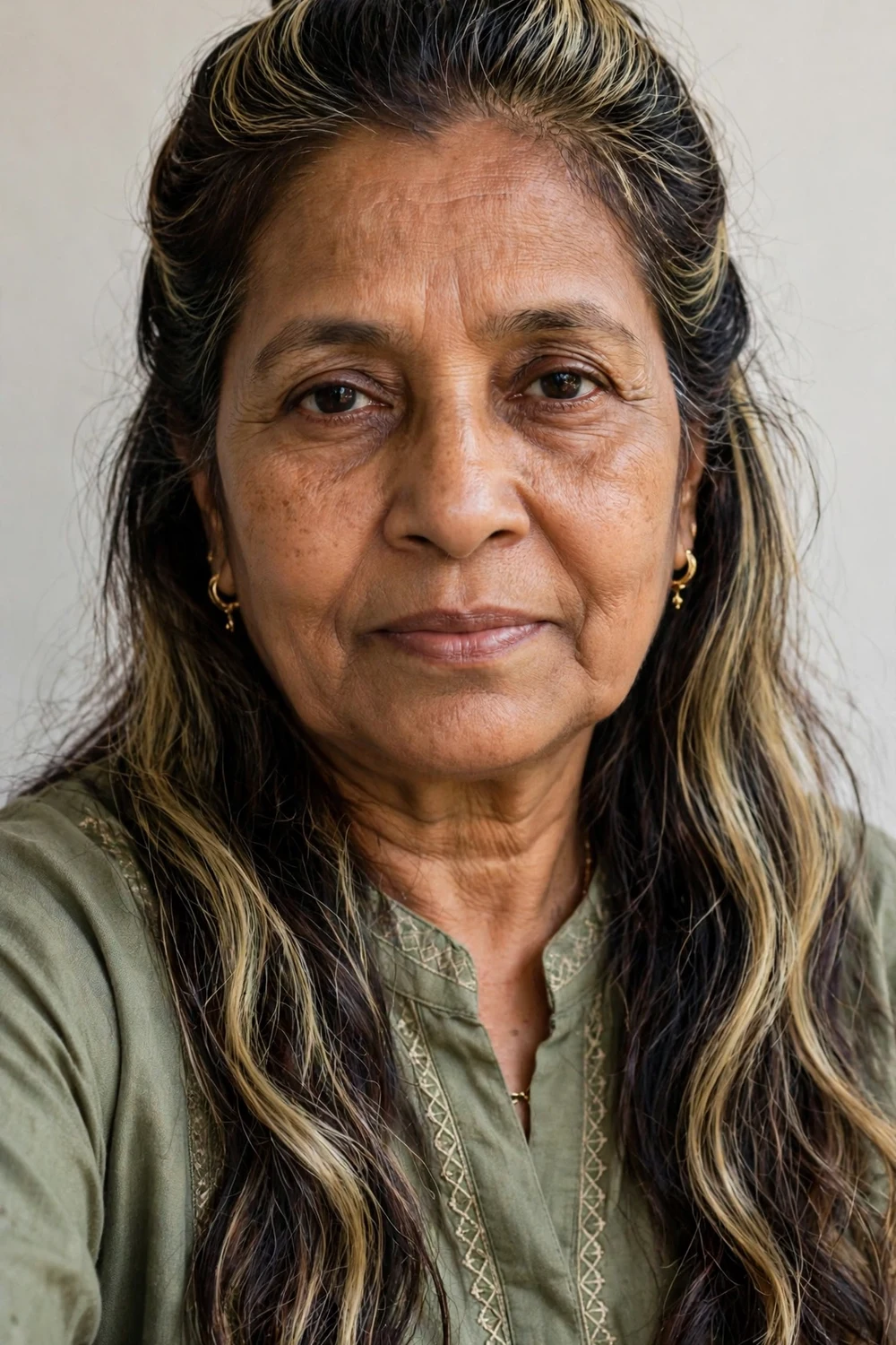 Older woman in her 60s with the top half of her hair twisted back and pinned, the rest worn down