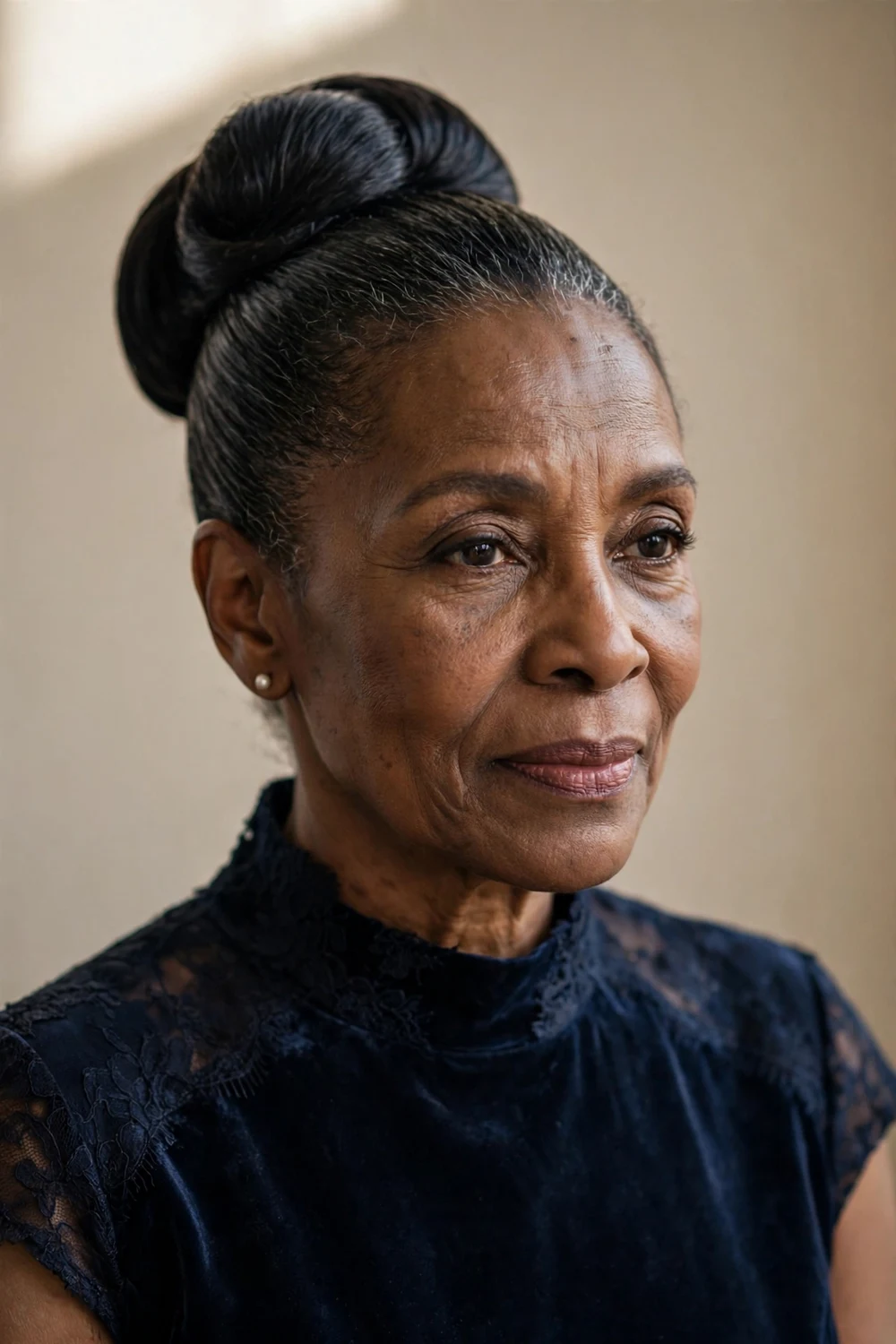 Older woman in her 60s with a polished high chignon for a formal event