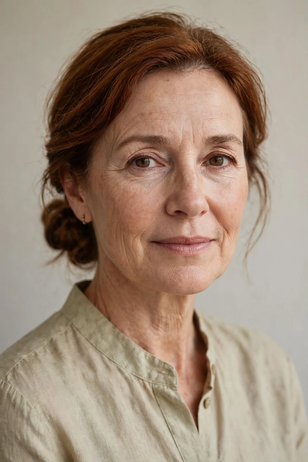 Older woman in her 50s with a low knotted bun tied at the nape