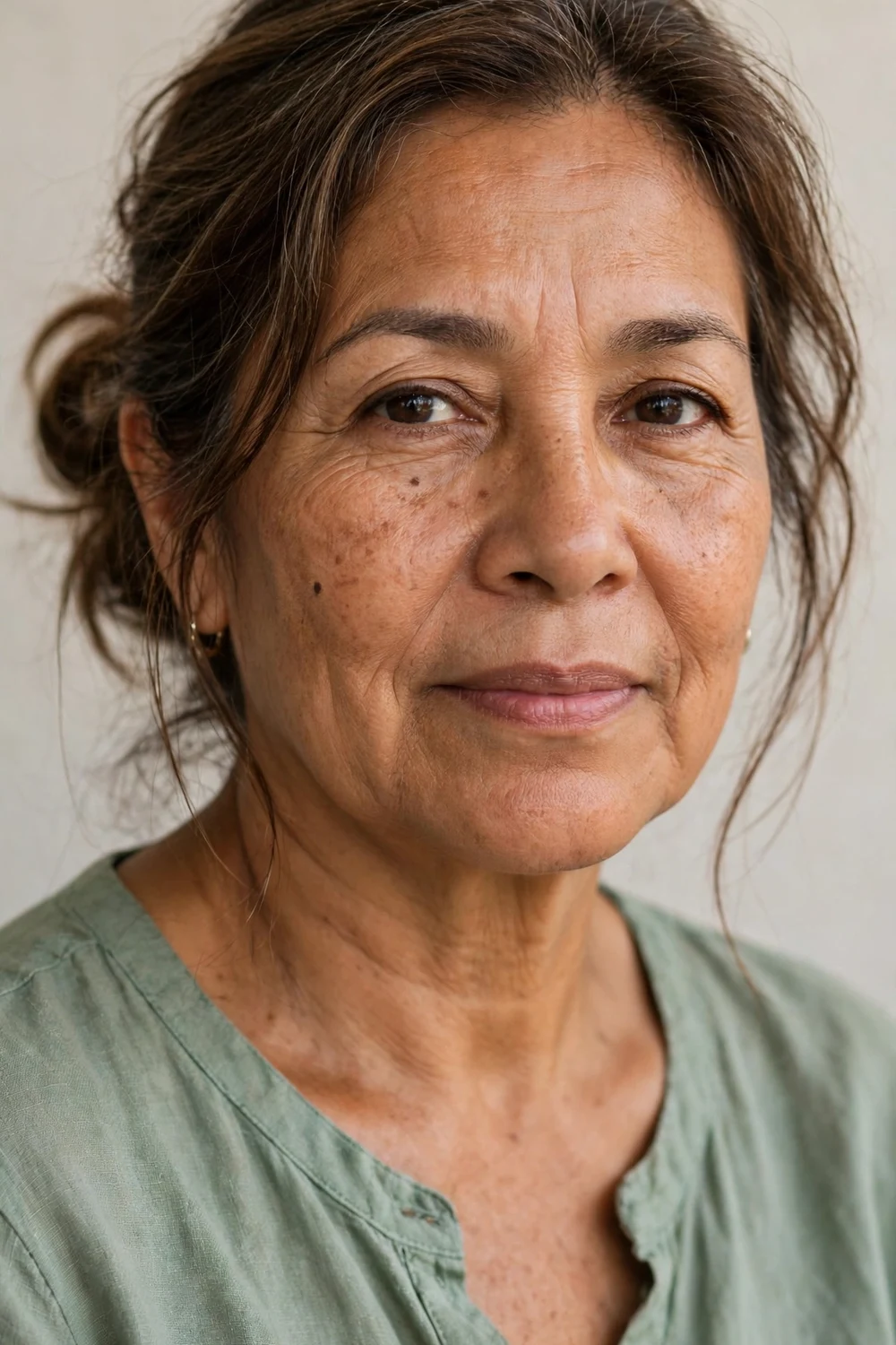 Older woman in her 50s with a relaxed messy low bun and loose strands framing her face