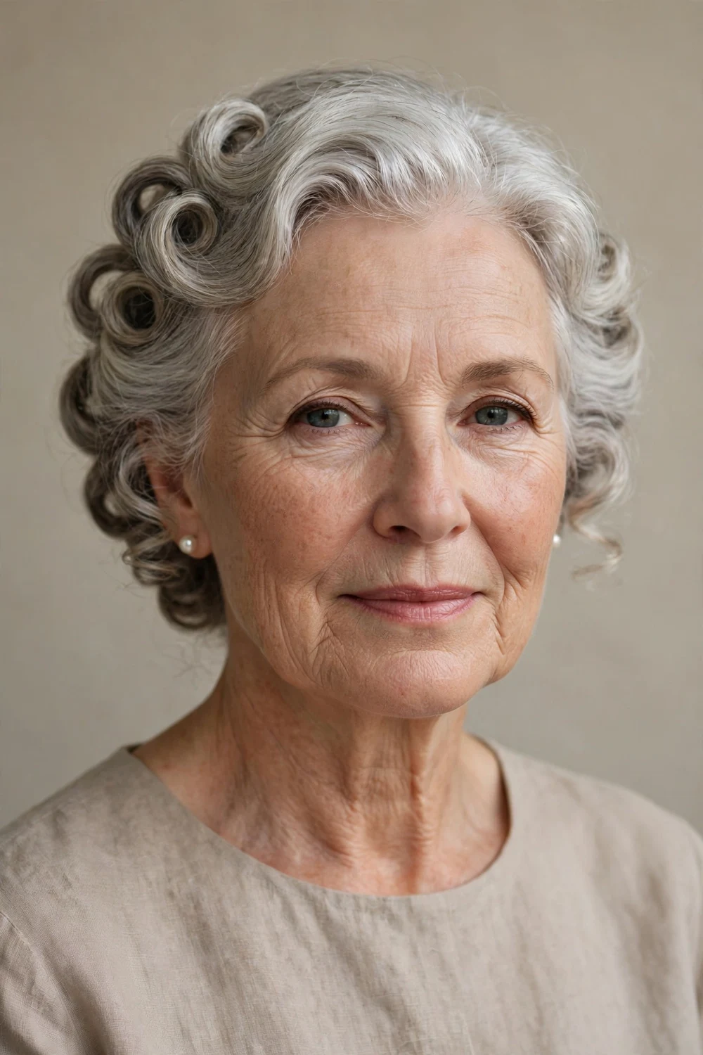 Older woman in her 60s with soft pinned curls arranged in an updo