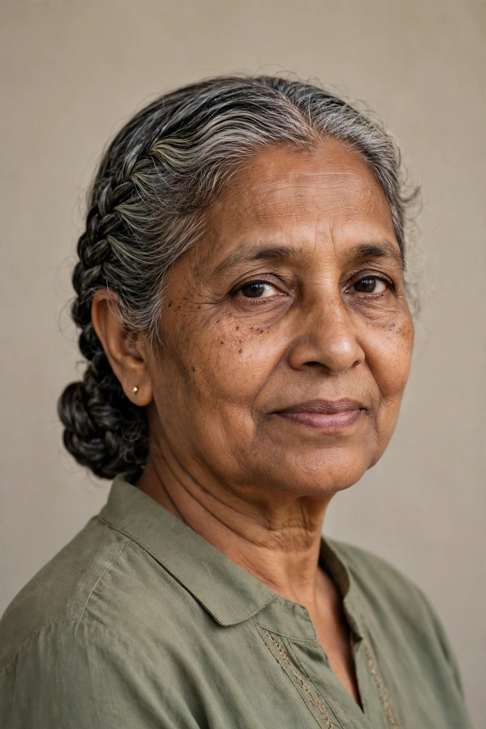 Older woman in her 60s with a French braid from the temple ending in a low bun