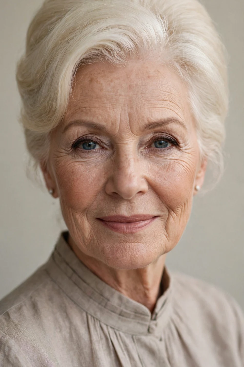 Older woman in her 60s with a soft beehive updo with volume at the crown