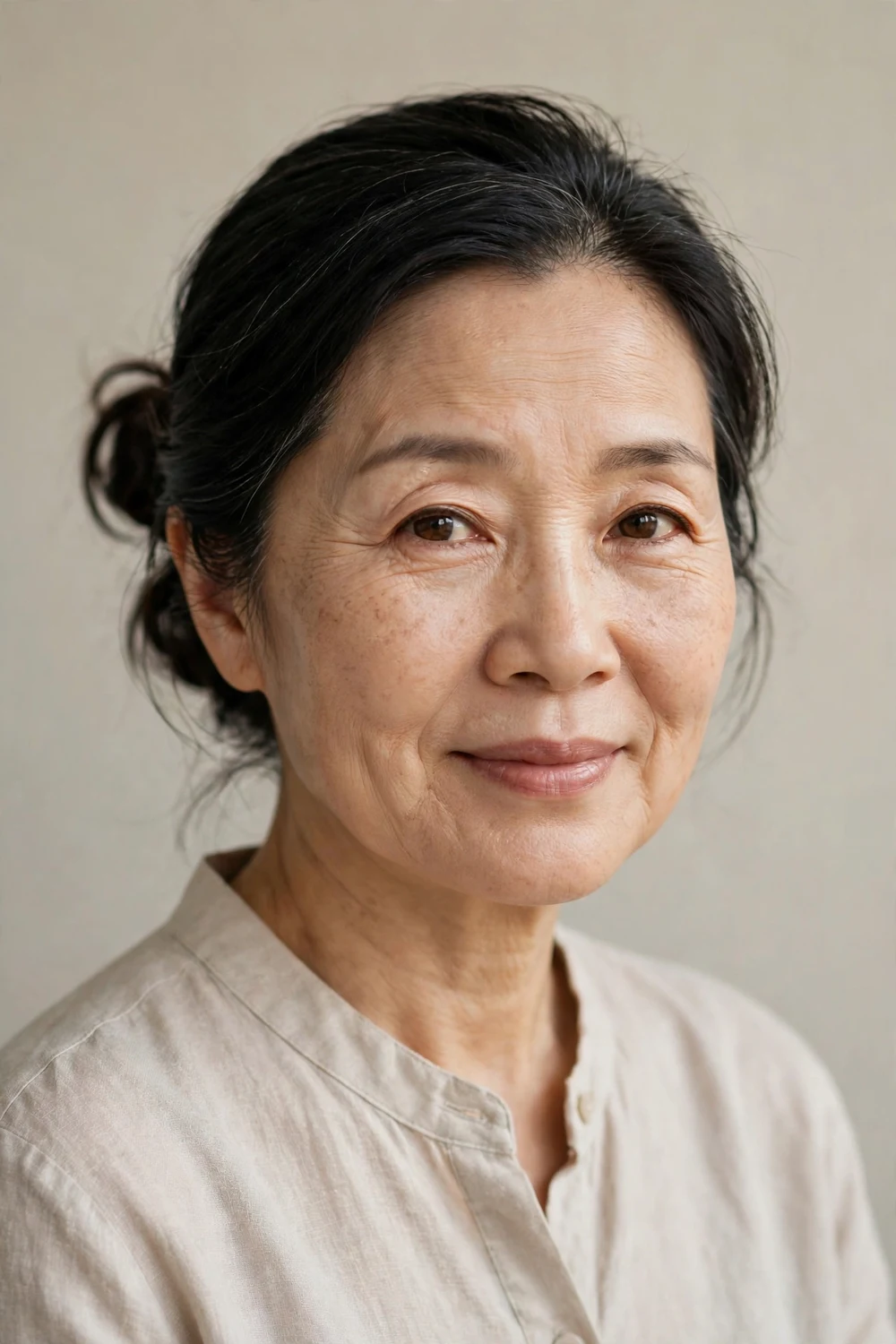 Older woman in her 50s with a soft loose topknot sitting low at the back of her crown
