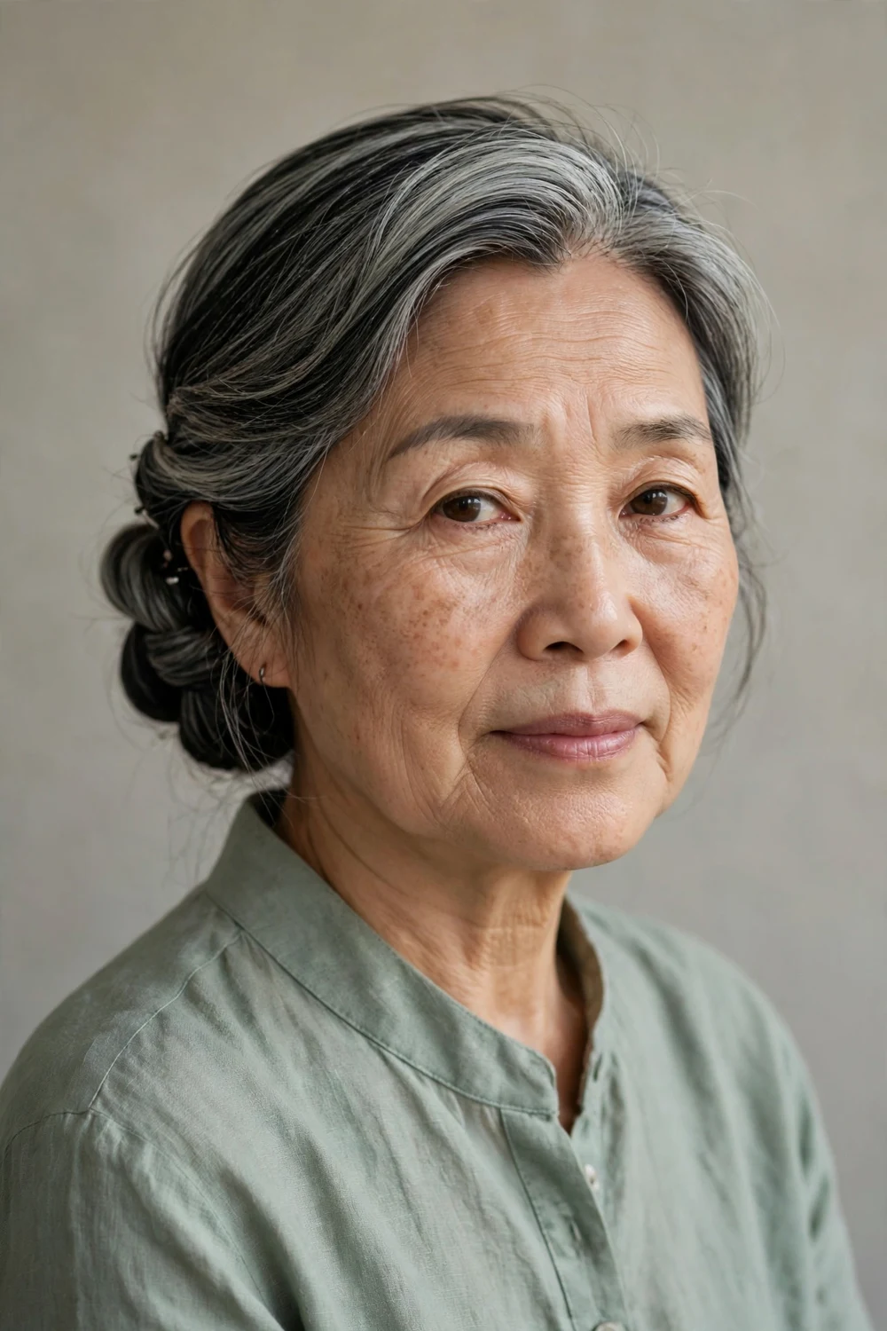 Older woman in her 60s with a twisted side bun pinned low behind one ear
