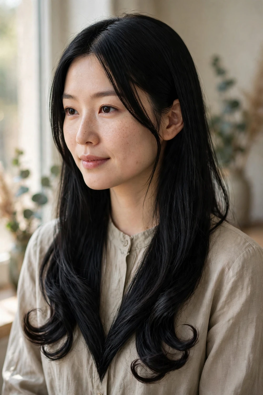 Woman with long black hair in a V-cut with curled ends, back view showing the curled V point
