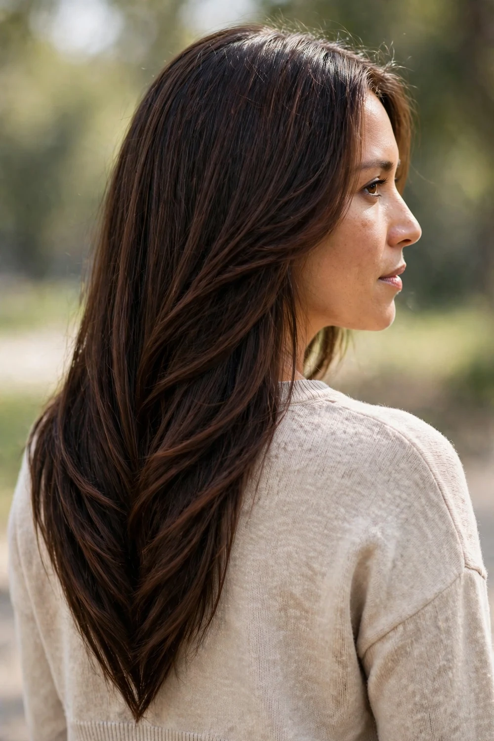 Woman with long dark brown hair styled in V-cut layers, back view showing the pointed V shape