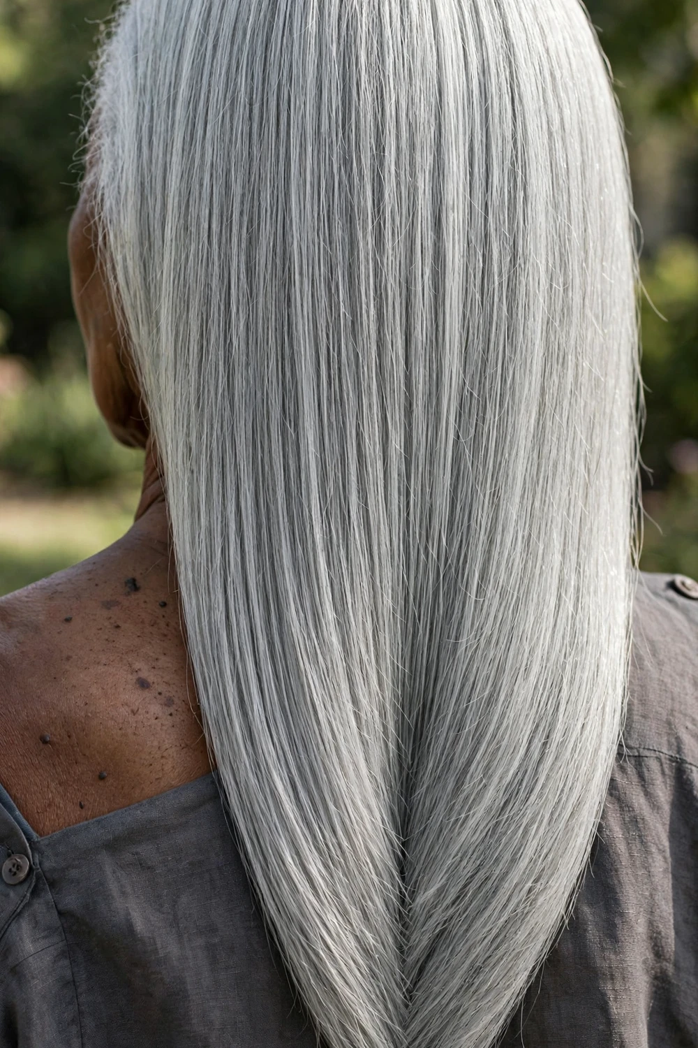 Woman in her early 70s with long thick hair in a V-cut, back view