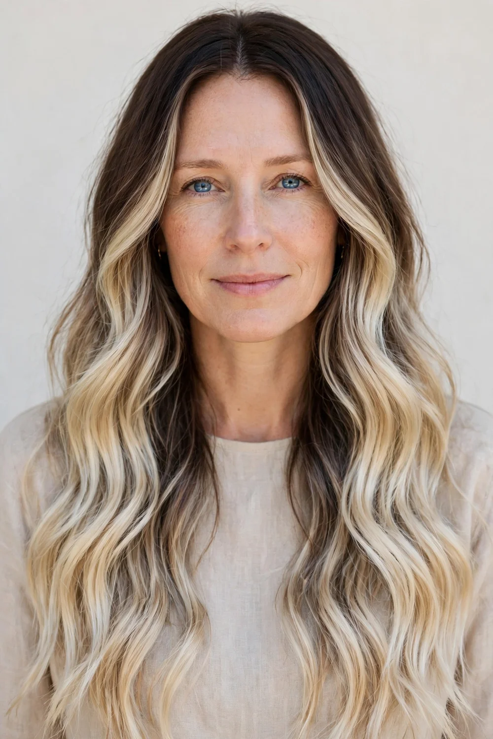 Woman with vanilla blonde balayage on brown hair, creamy cool light blonde pieces