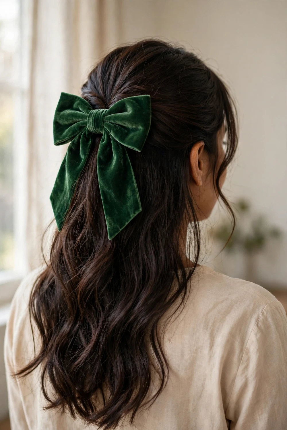 Woman with half up hairstyle and green velvet bow for Christmas