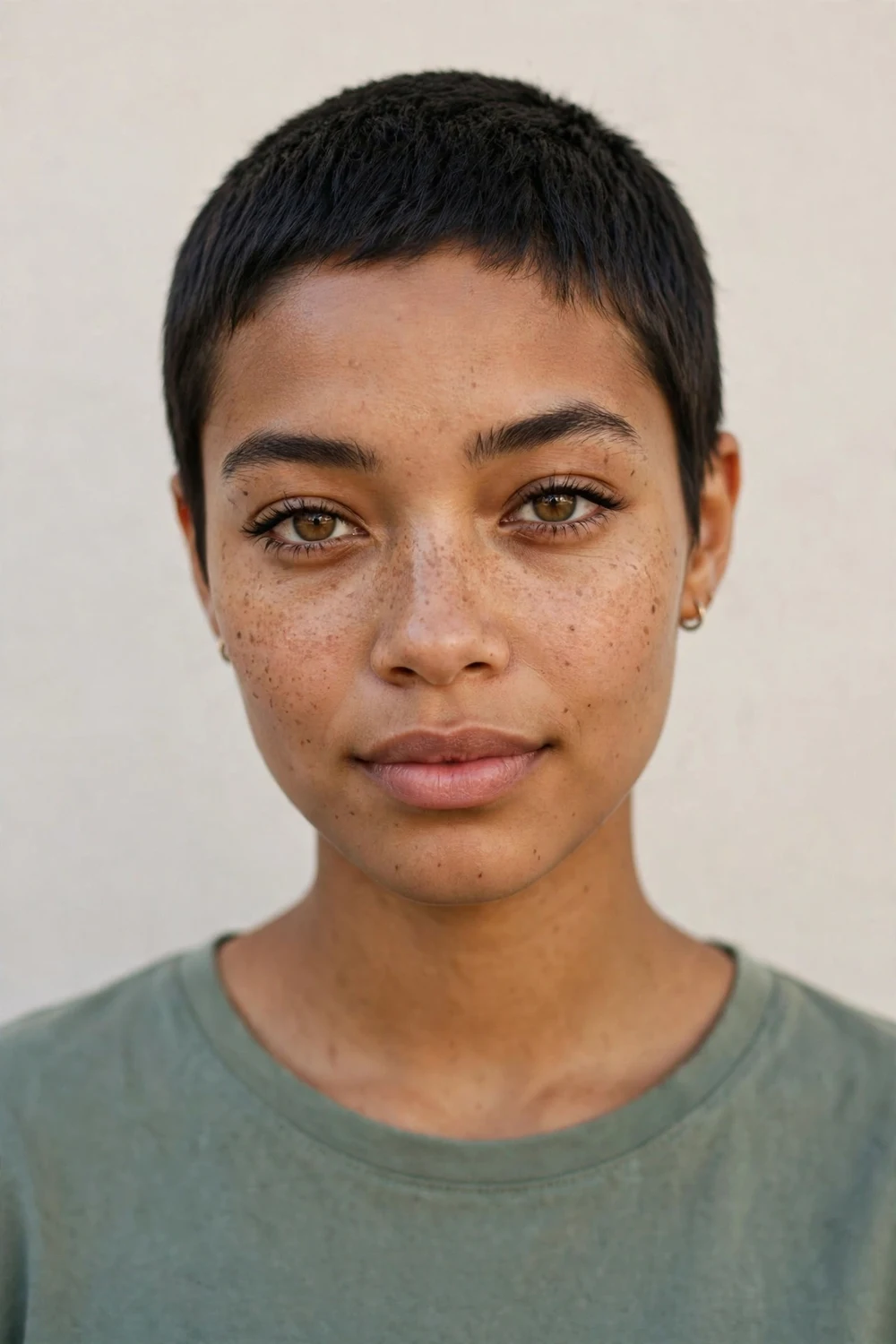 Young woman with an androgynous very short pixie, clean gender-neutral cut