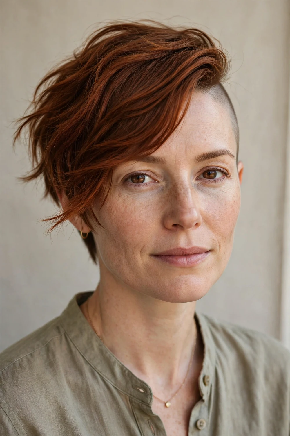Woman with an asymmetrical very short pixie, one side shaved close and the other swept across