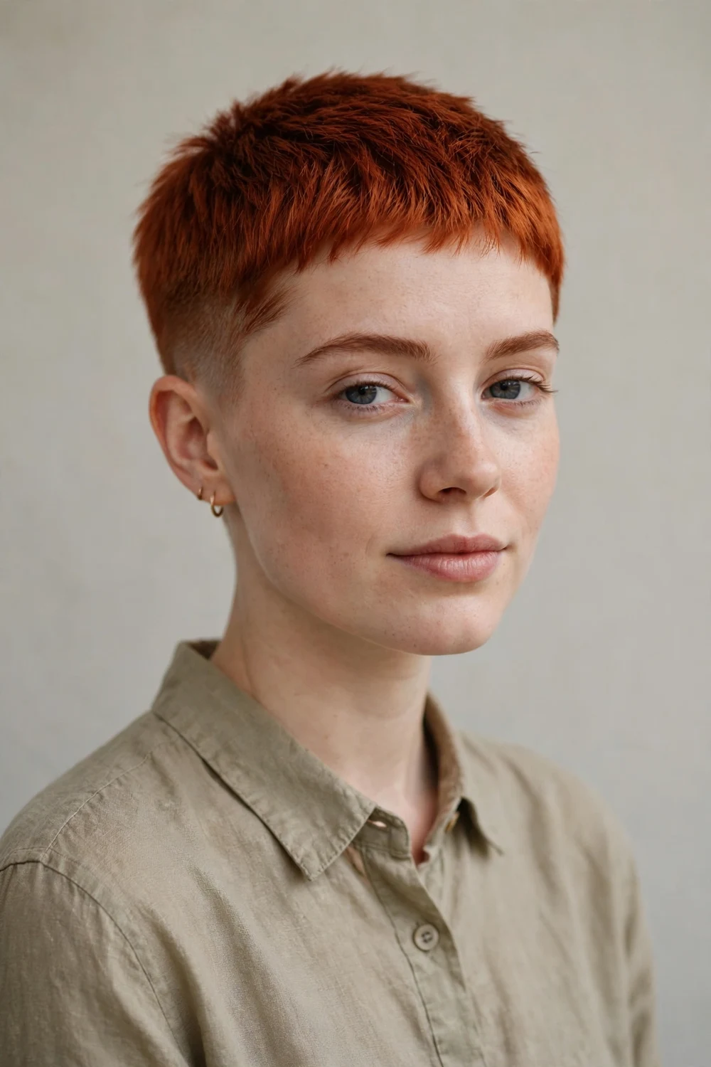 Young woman with a bold copper red very short pixie crop and faded sides