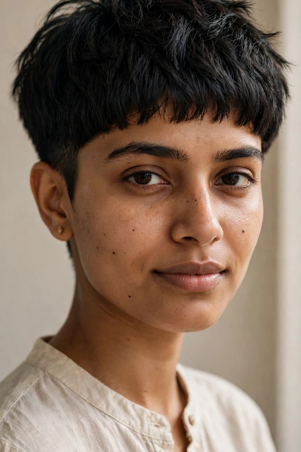 Young South Asian woman with a modern bowl-cut pixie and textured ends
