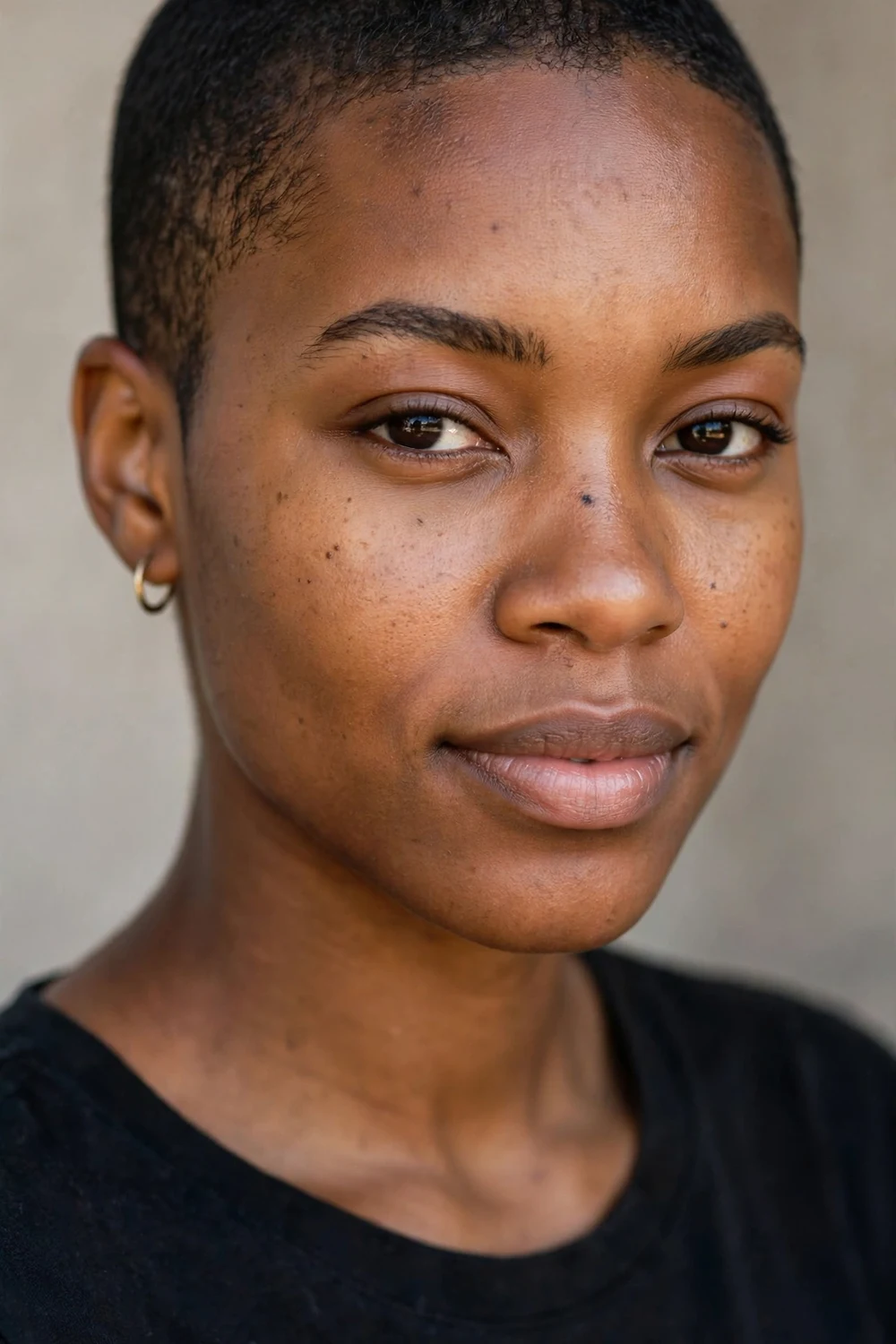 Young Black woman with a very short buzz cut pixie and neatly faded sides