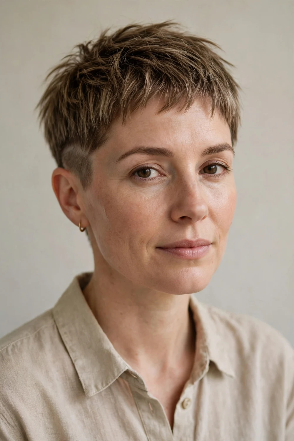 Woman in her 30s with a choppy textured very short pixie crop and faded sides