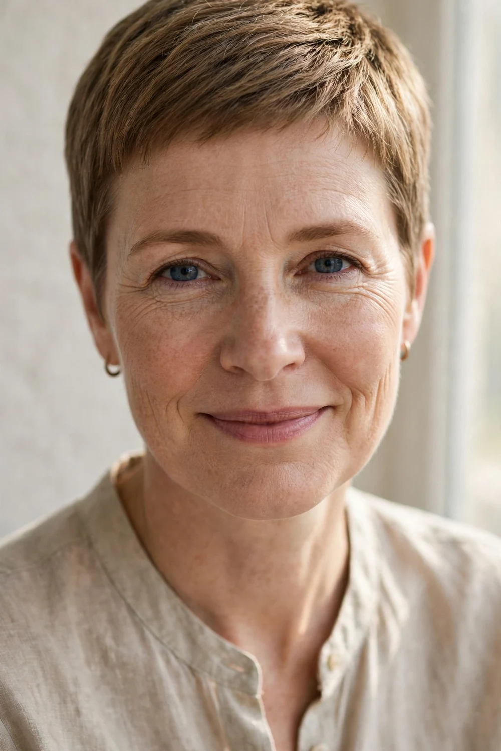 Middle-aged woman with a classic very short tapered pixie and neat tapered sides
