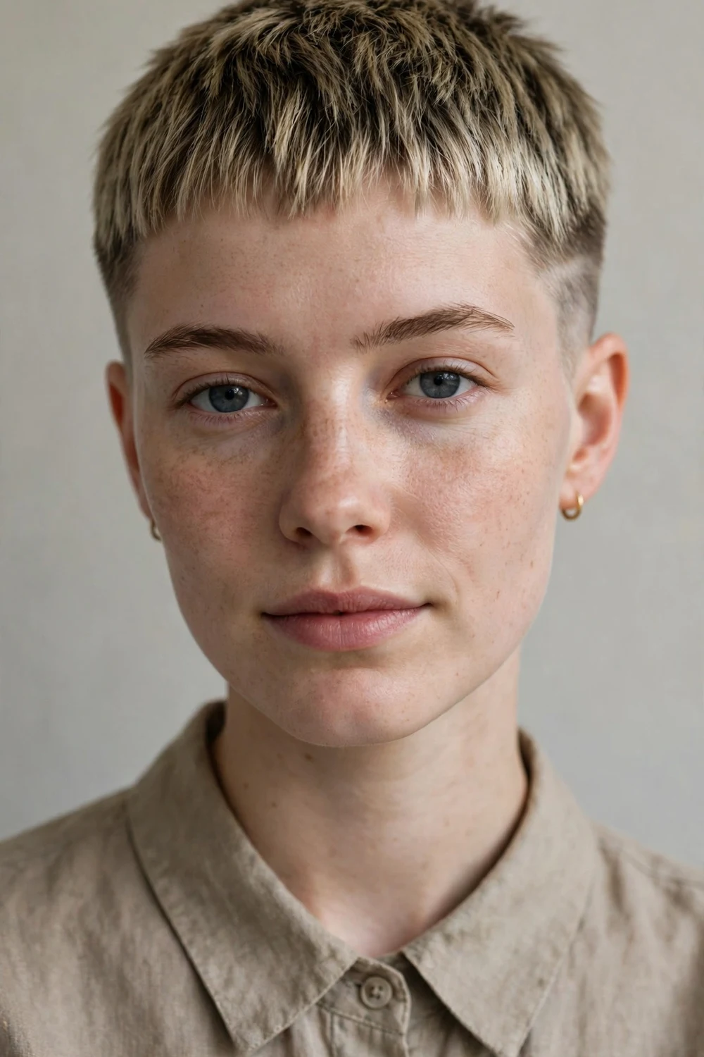 Young woman with a very short pixie and cropped micro fringe above the eyebrows
