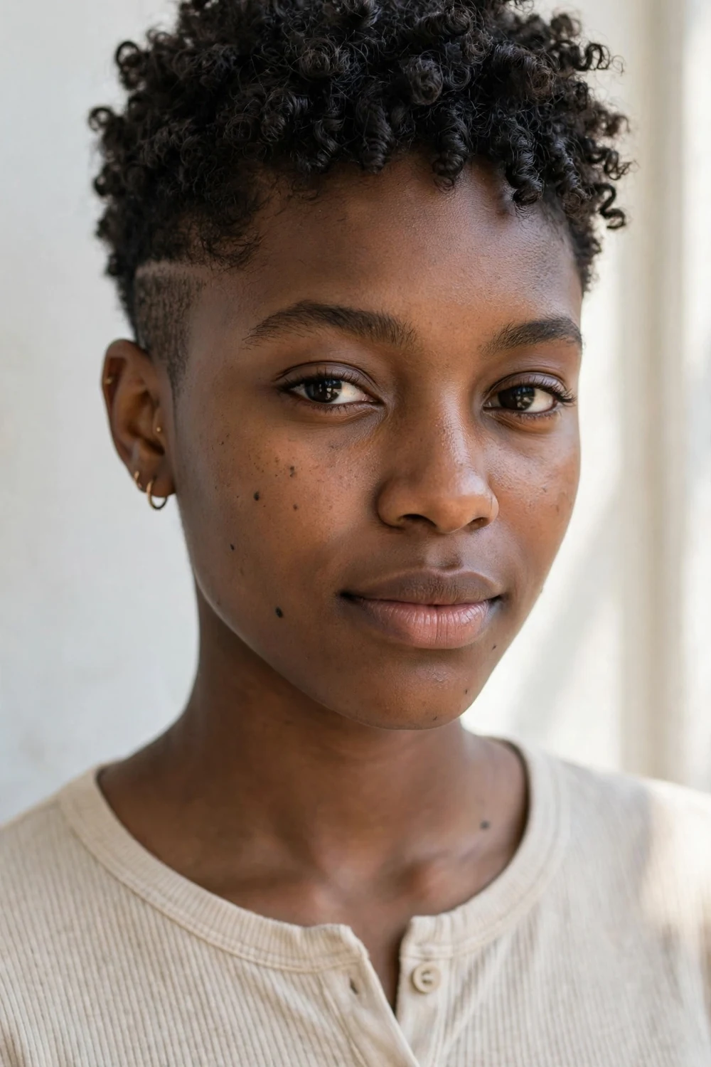 Young Black woman with tight coily curls in a very short curly pixie and shaved sides