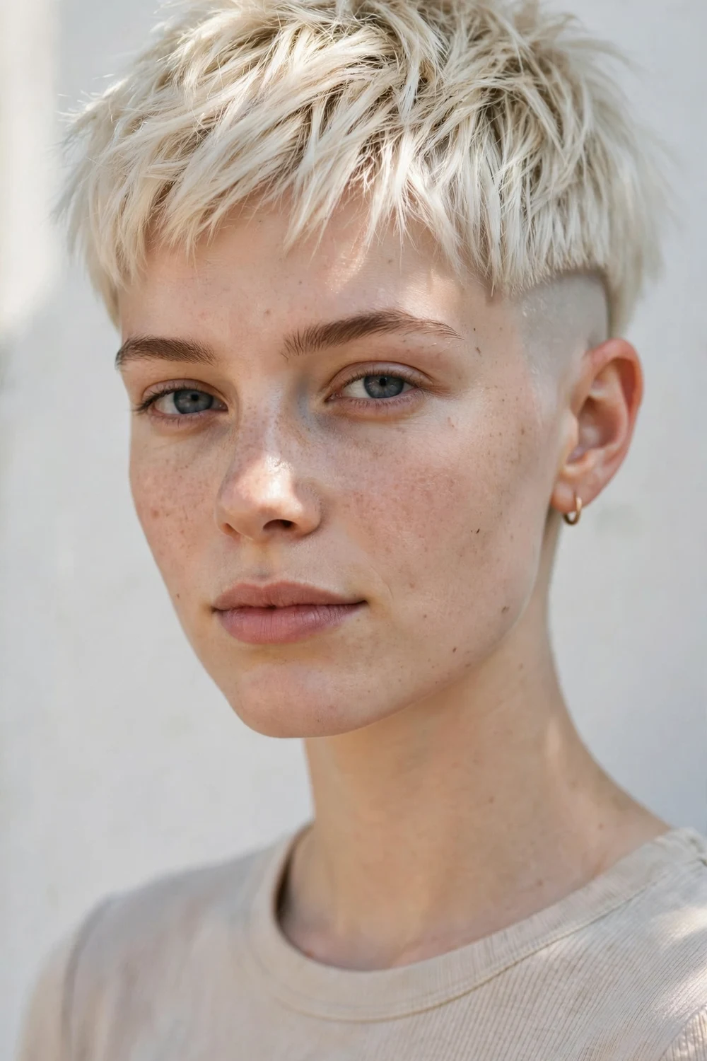 Young woman with a disconnected very short pixie, longer choppy top dropping to shaved sides