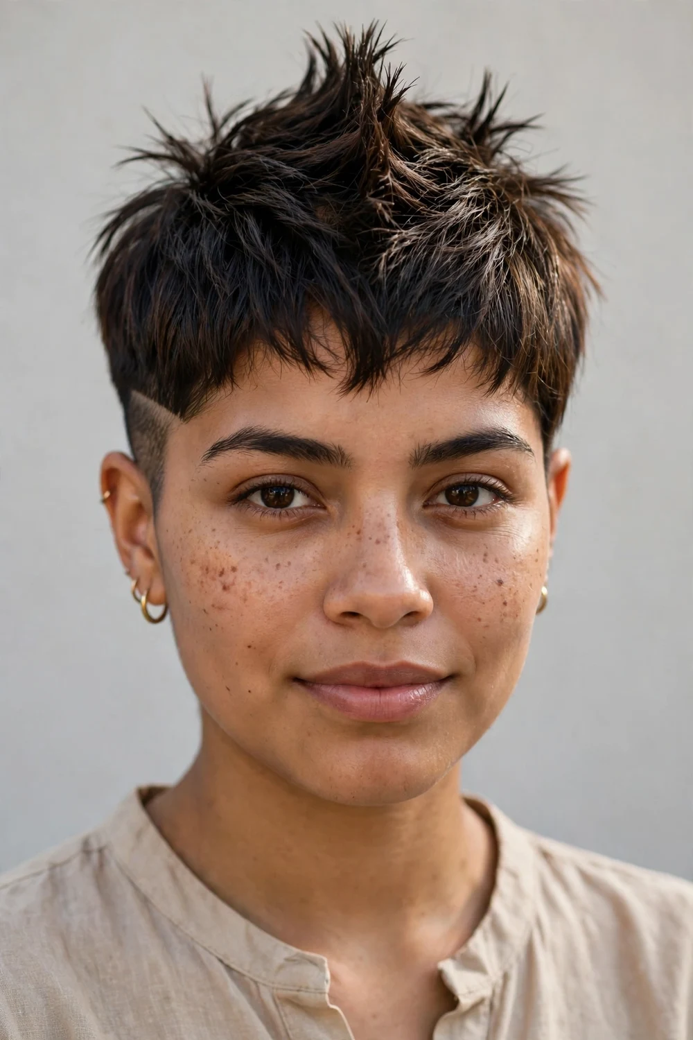 Young Latina woman with a faux hawk pixie, shaved sides and spiky center strip
