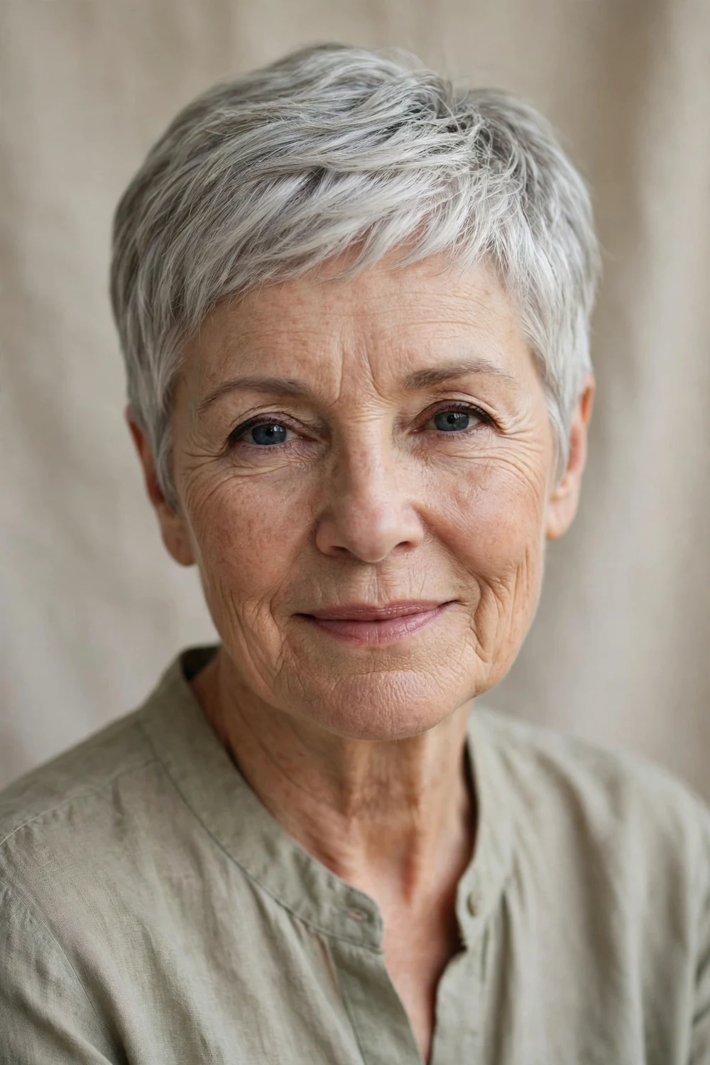 Mature woman in her 60s with a feathered very short pixie in silver hair