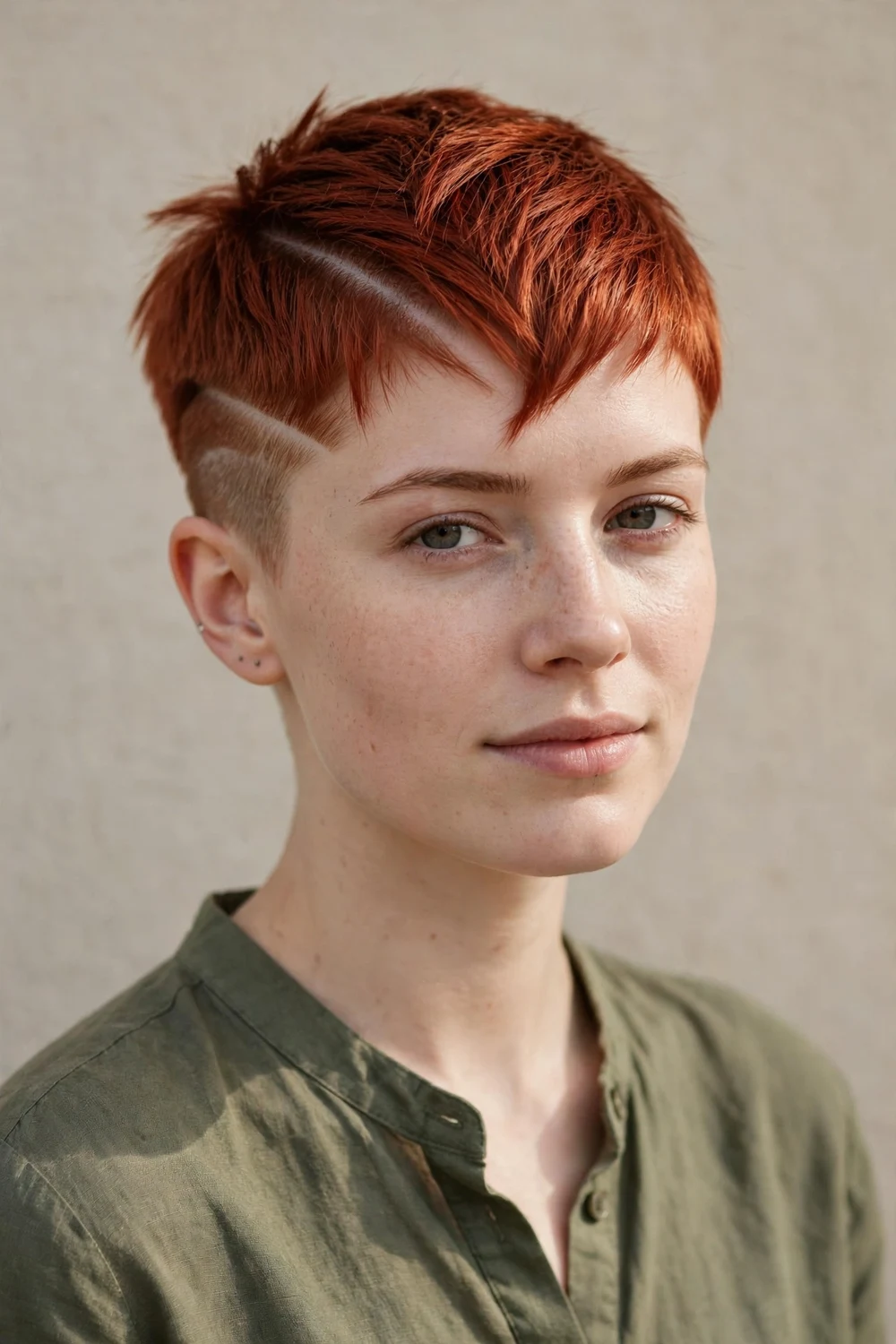 Young woman with a geometric very short pixie, sharp angular lines and faded sides