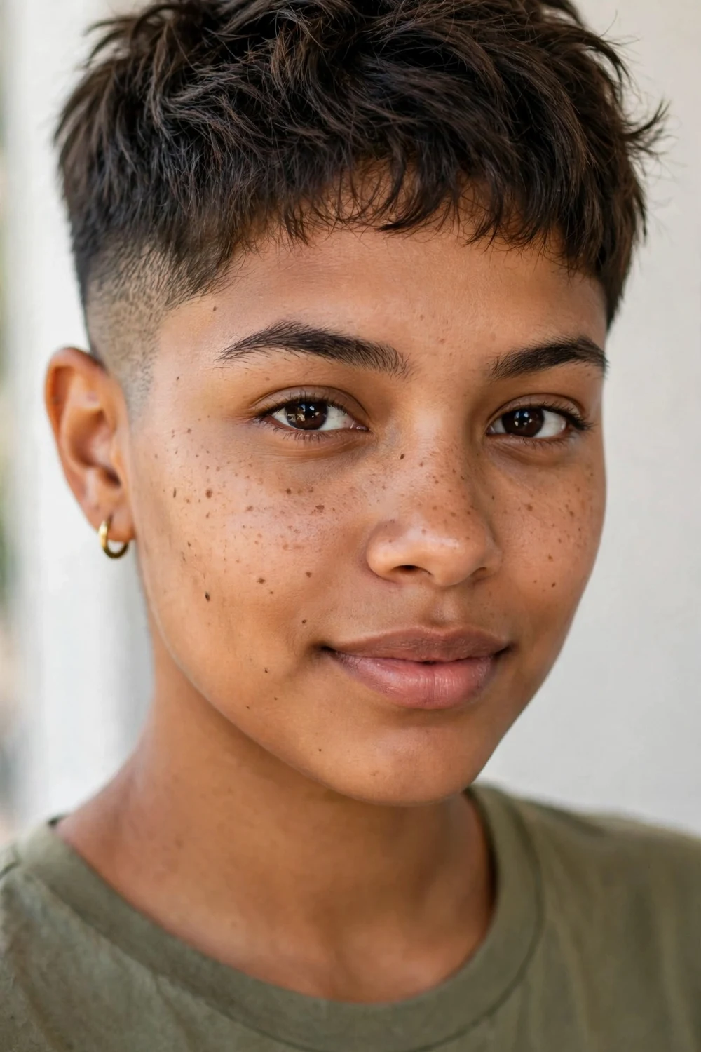 Young Latina woman with a growing-out buzz pixie, longer textured top over faded sides