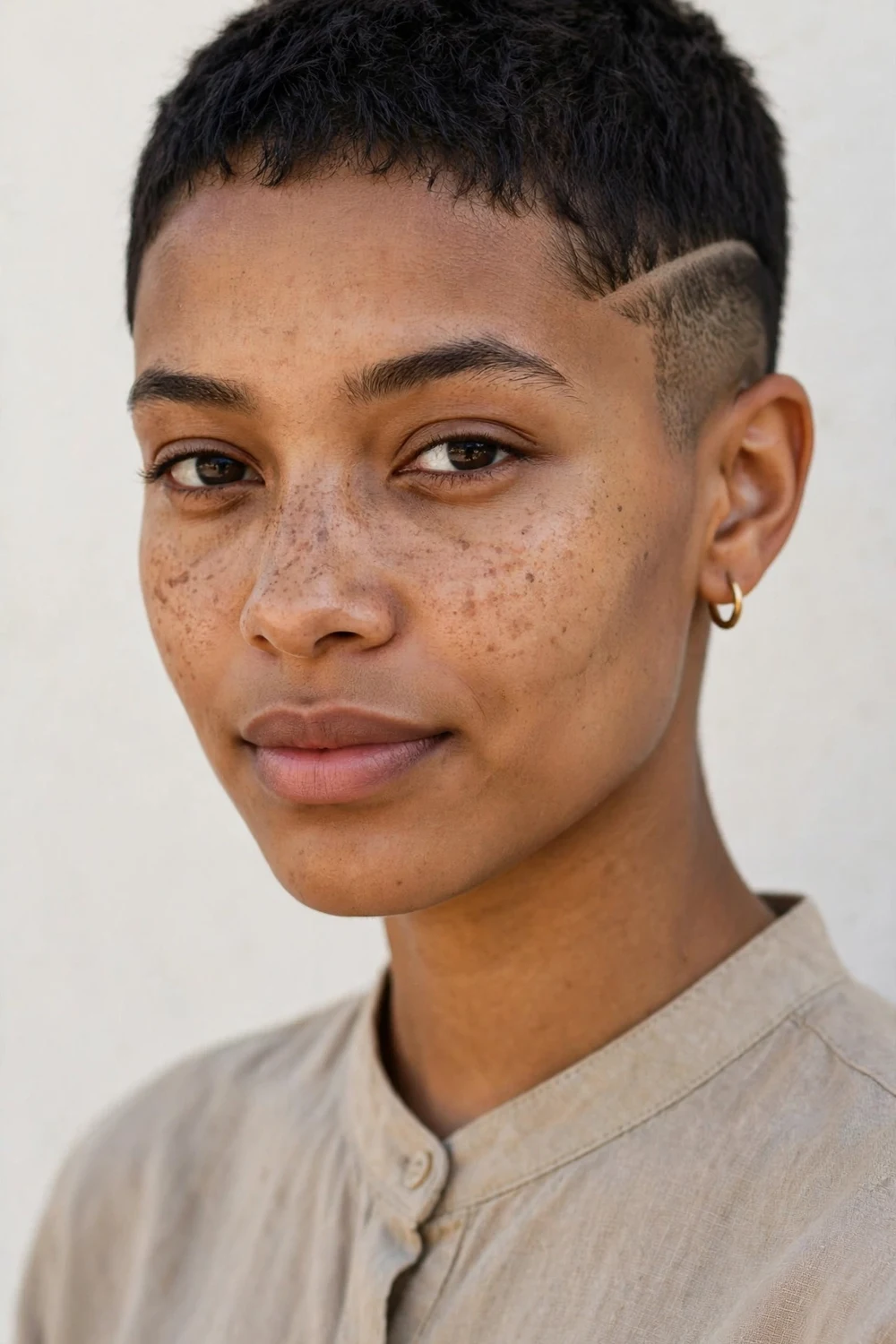 Young mixed-race woman with a very short pixie, skin fade and shaved hard part line