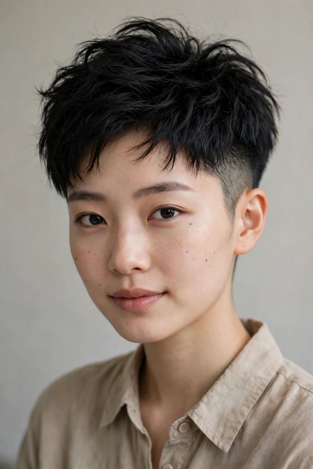 Young East Asian woman with a high fade pixie, faded sides and voluminous textured top