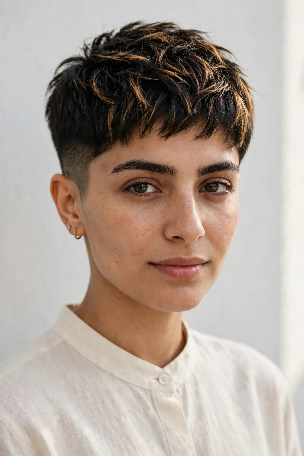 Young Middle Eastern woman with a very short dark pixie and caramel highlighted tips