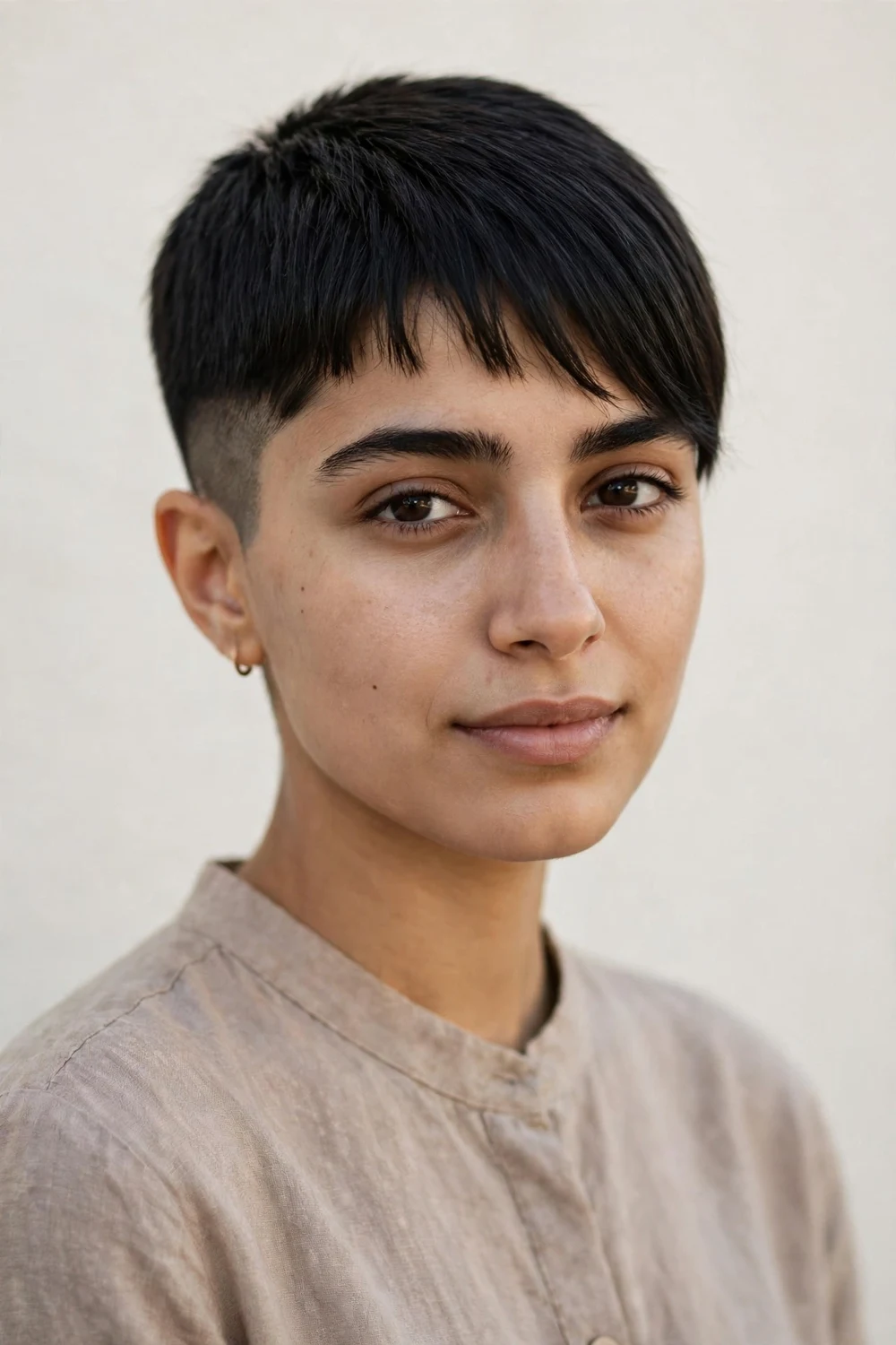 Young Middle Eastern woman with a very short pixie, shaved sides and longer fringe over forehead