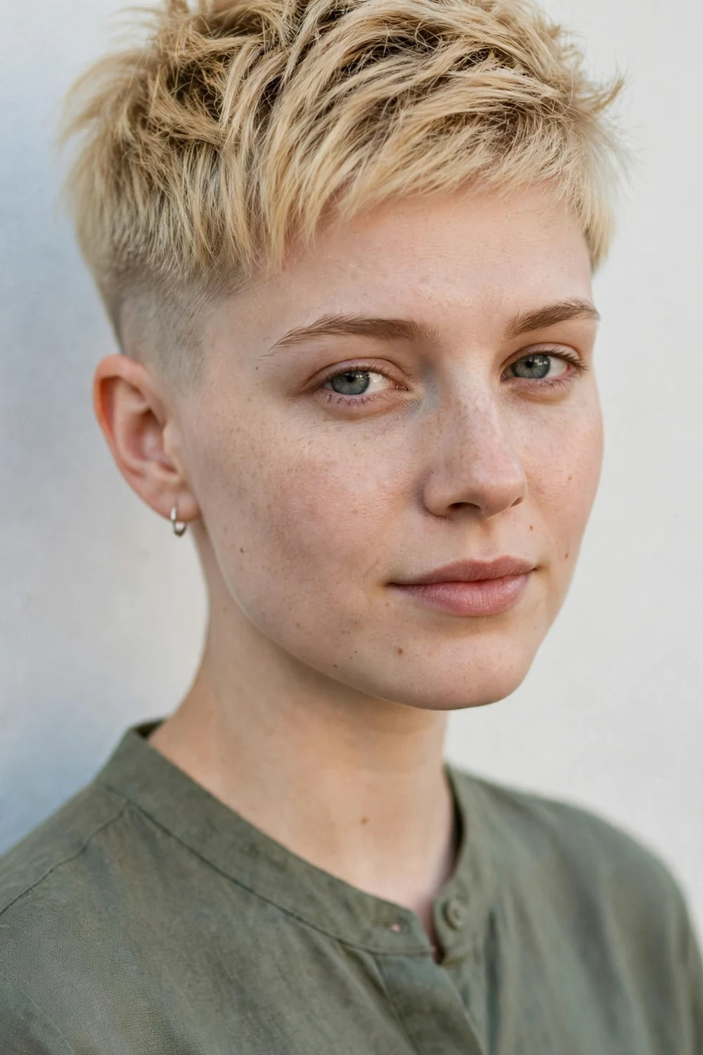 Young woman with a very short pixie, shaved sides and longer textured top section