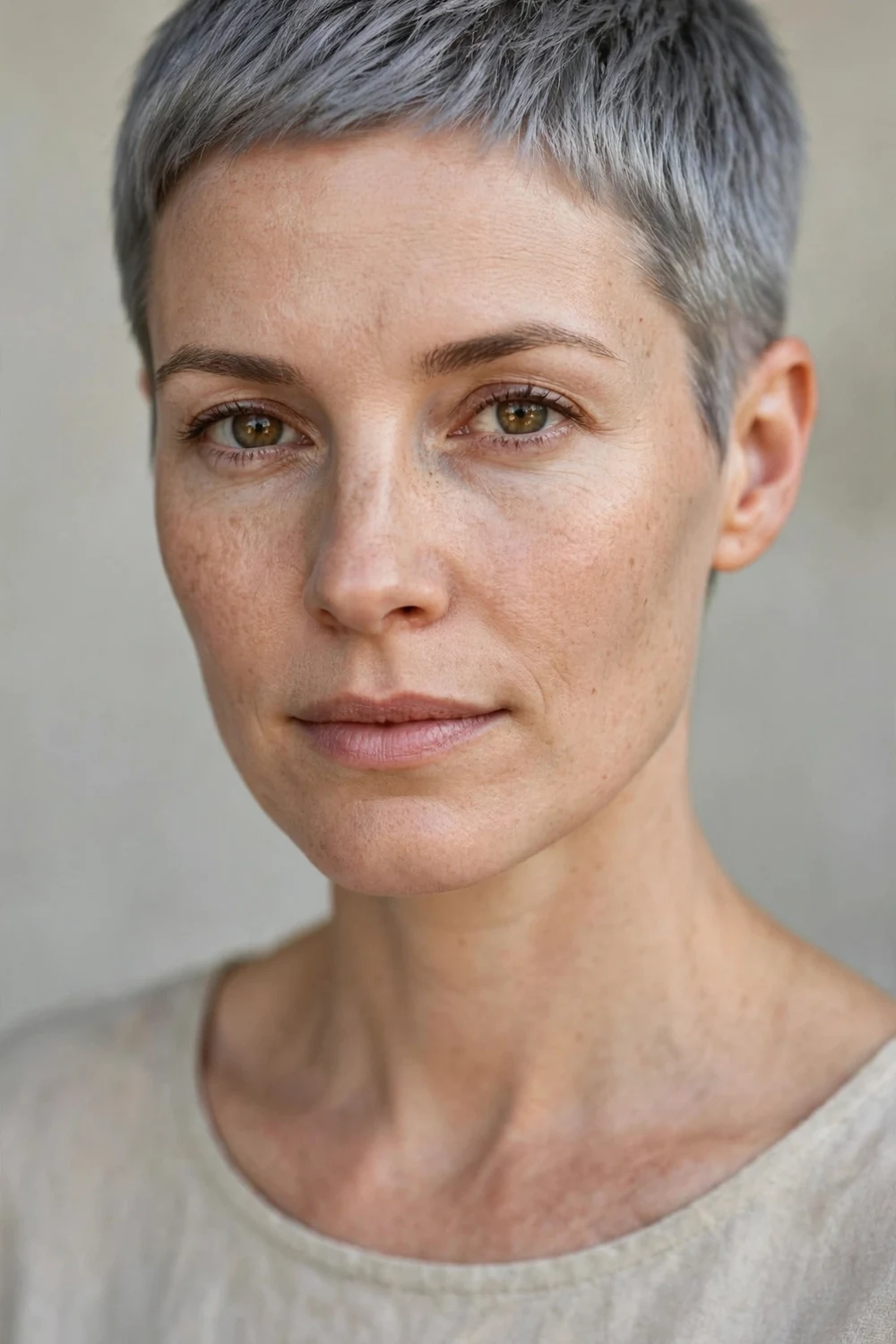 Woman in her 30s with a muted metallic steel-grey very short pixie and faded sides