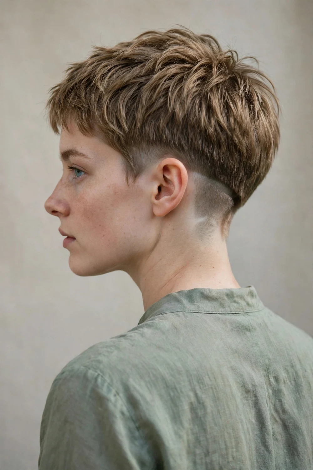 Young woman with a very short pixie and shaved nape panel under longer crown hair