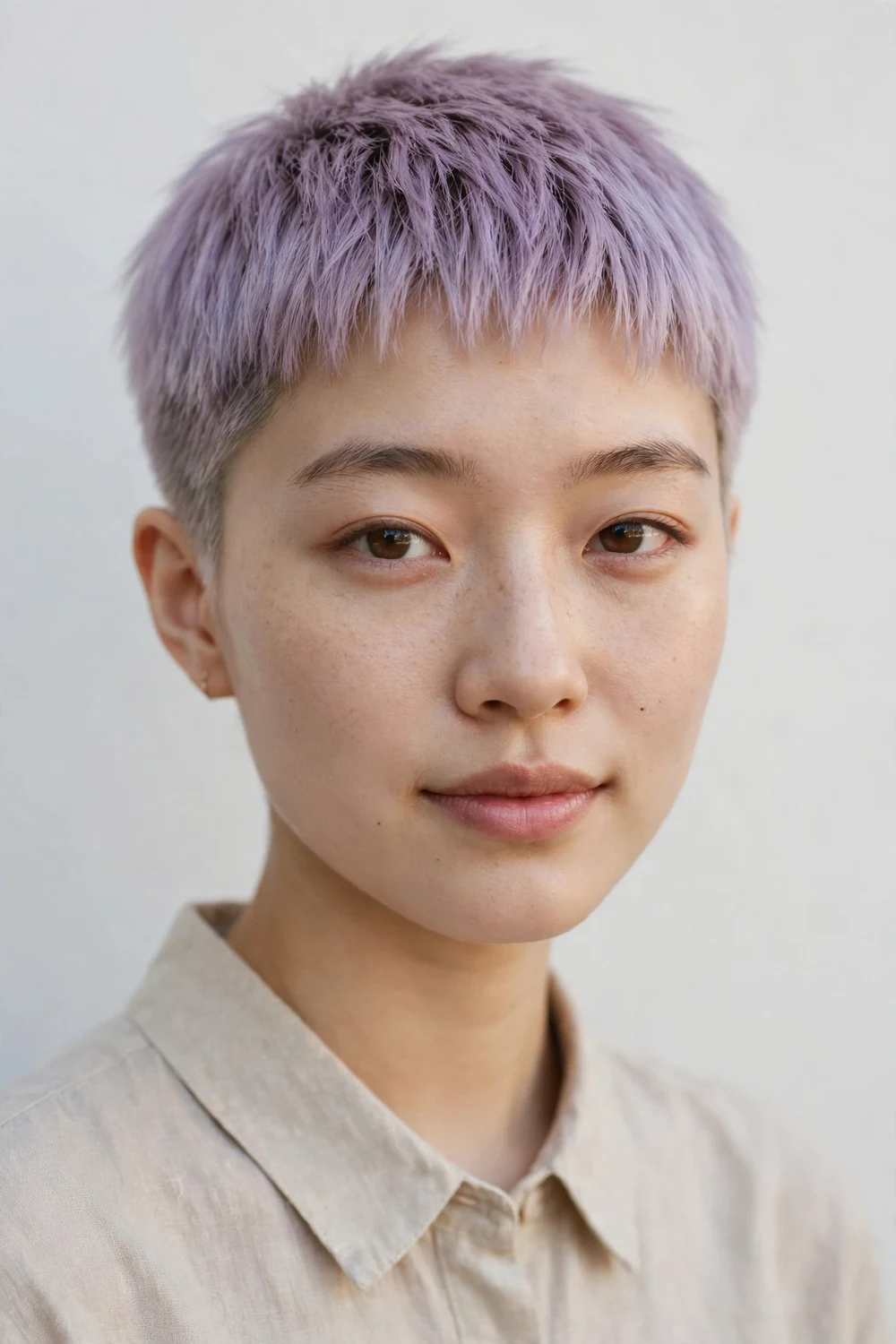 Young East Asian woman with a pastel lavender tinted very short pixie and faded sides