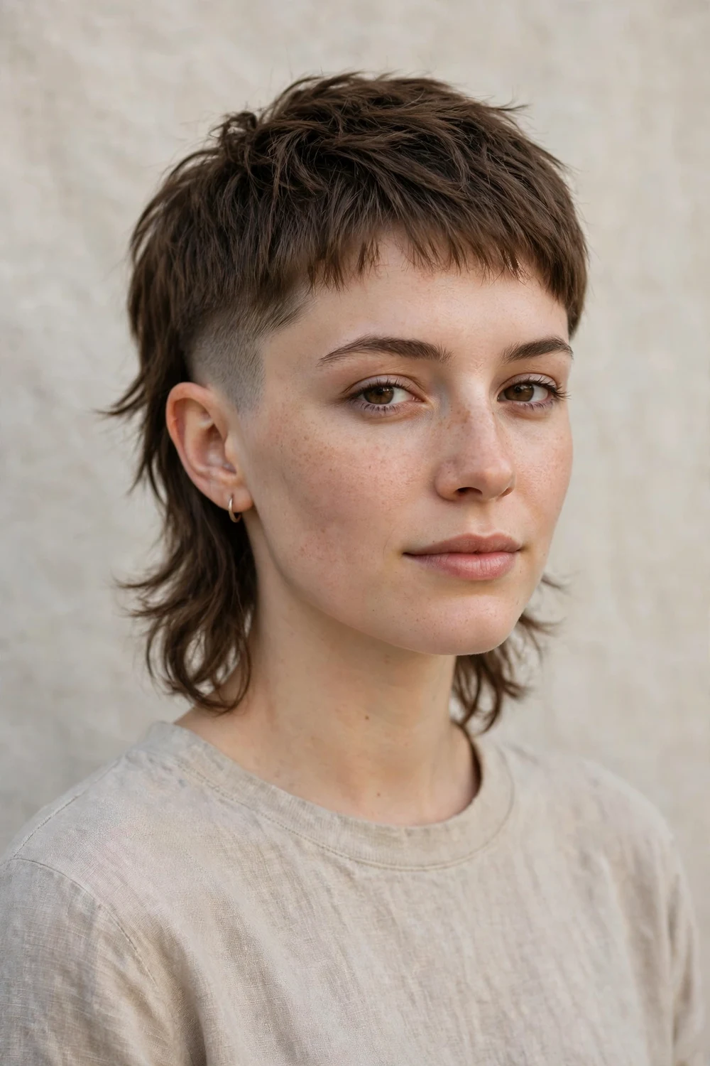 Young woman with a pixie mullet, faded sides and longer textured nape