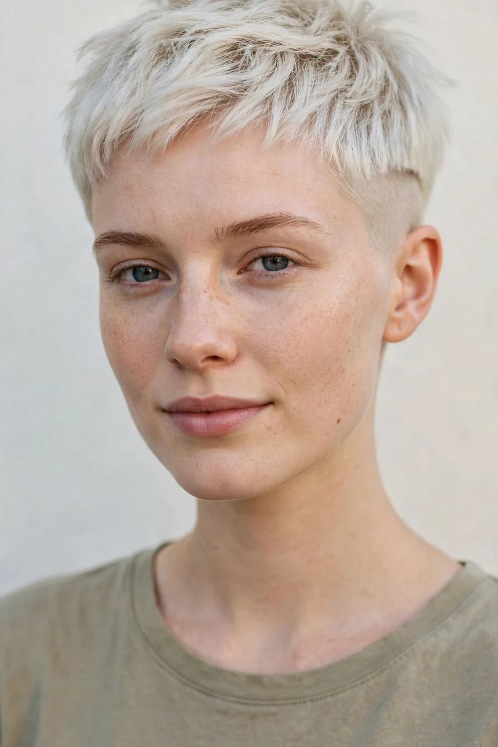 Young woman with a platinum icy blonde very short pixie and shaved sides