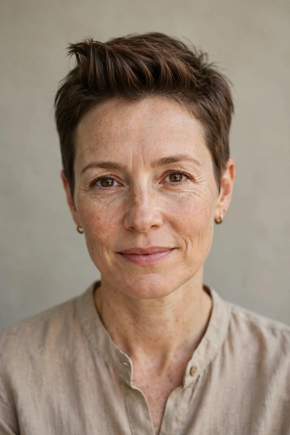 Woman in her 40s with a very short pixie styled into a small pompadour quiff